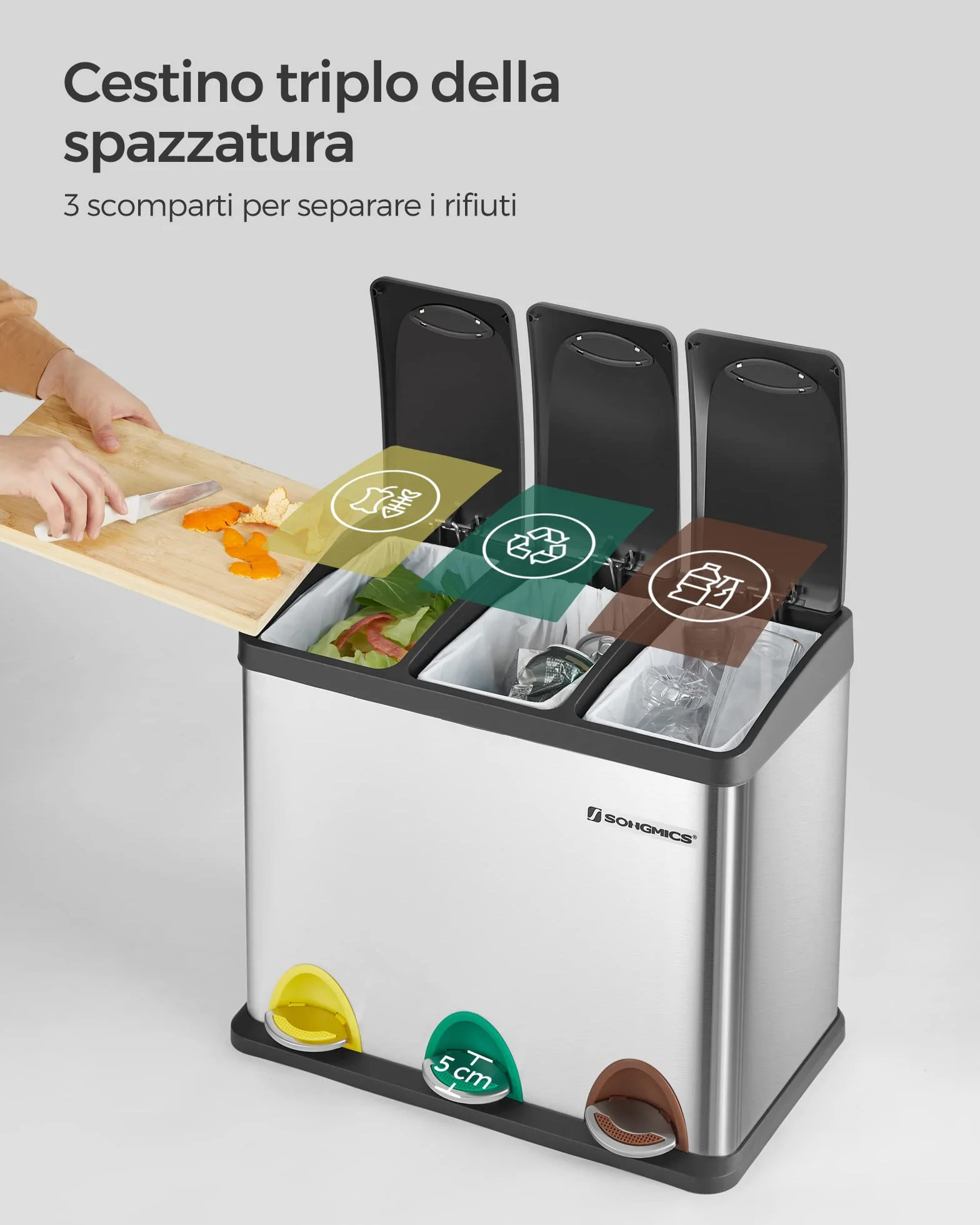 SONGMICS Cestino per Rifiuti da Cucina, 3 x 8 L Pattumiera Differenziata Piccolo Volume, Cestino Triplo in Acciaio, Pedali e Secchi Interni, Facile da Pulire, Argento e Nero LTB24L