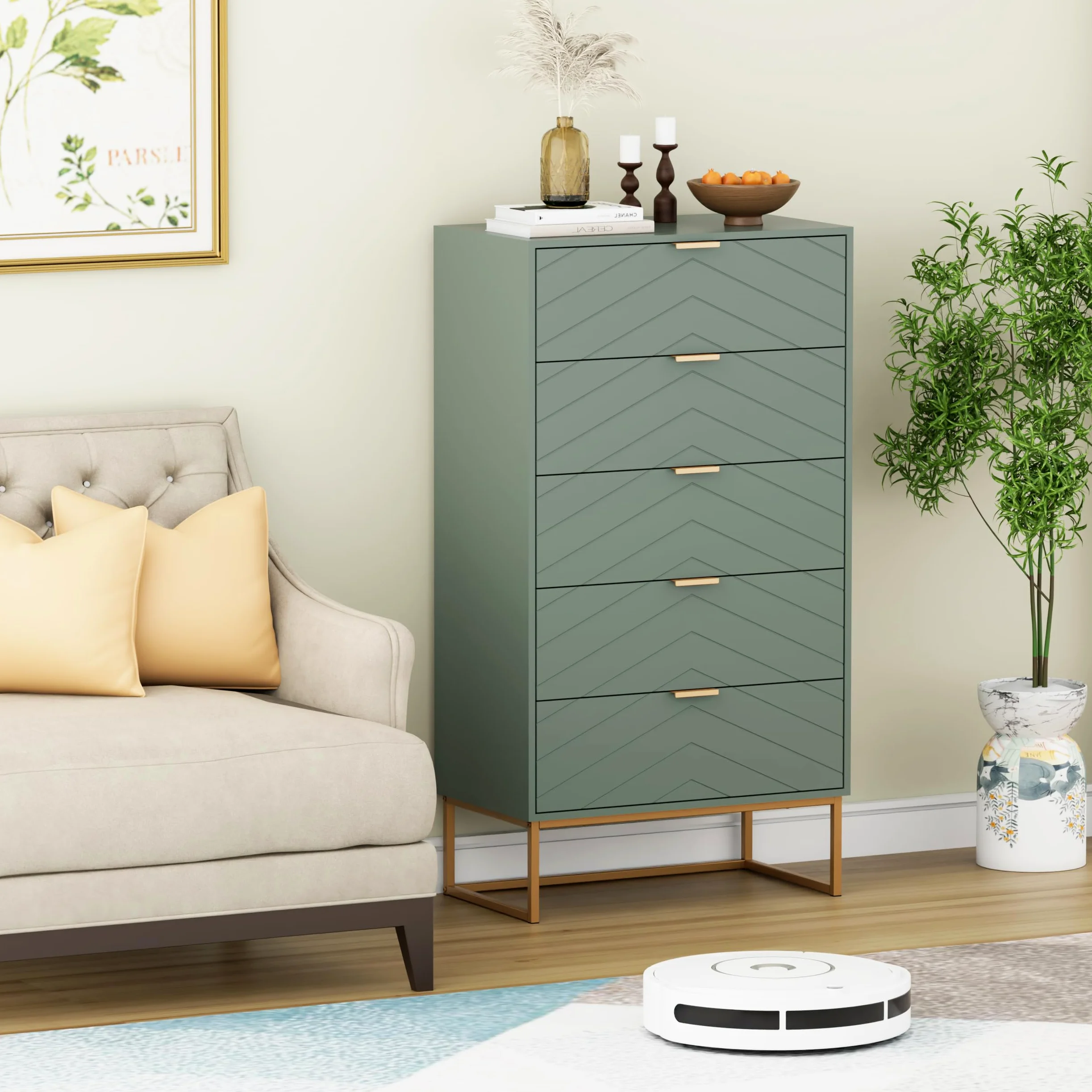 UEV Cassettiera Camera da Letto, Settimino con 5 Cassetti e Motivo di Linea, Mobiletto Moderno e Pratico, Sicuro Design Antiribaltamento, 60x34x110cm, Verde