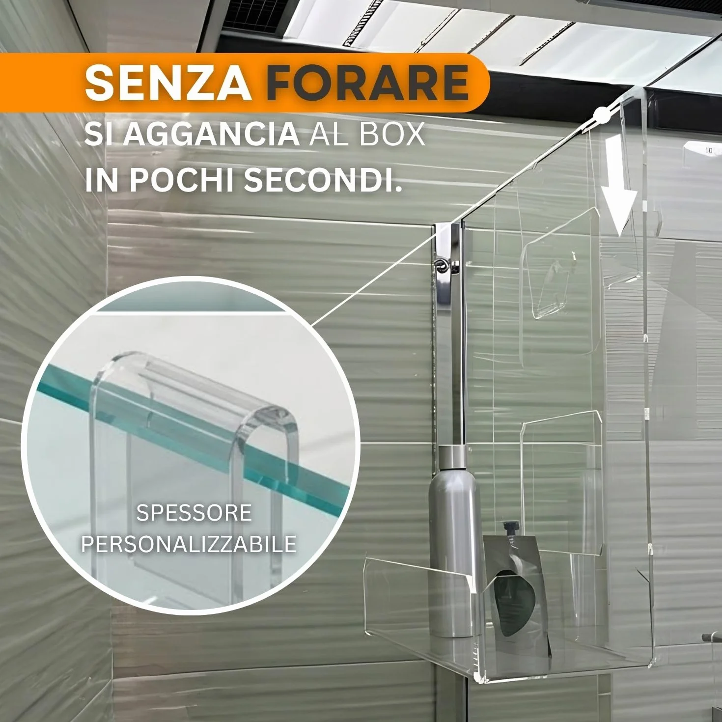 Agplex Porta Sapone Doccia Vetro Acrilico Plexig 2 Ganci Asciugamani Integrati Spessore BOX 6-15mm