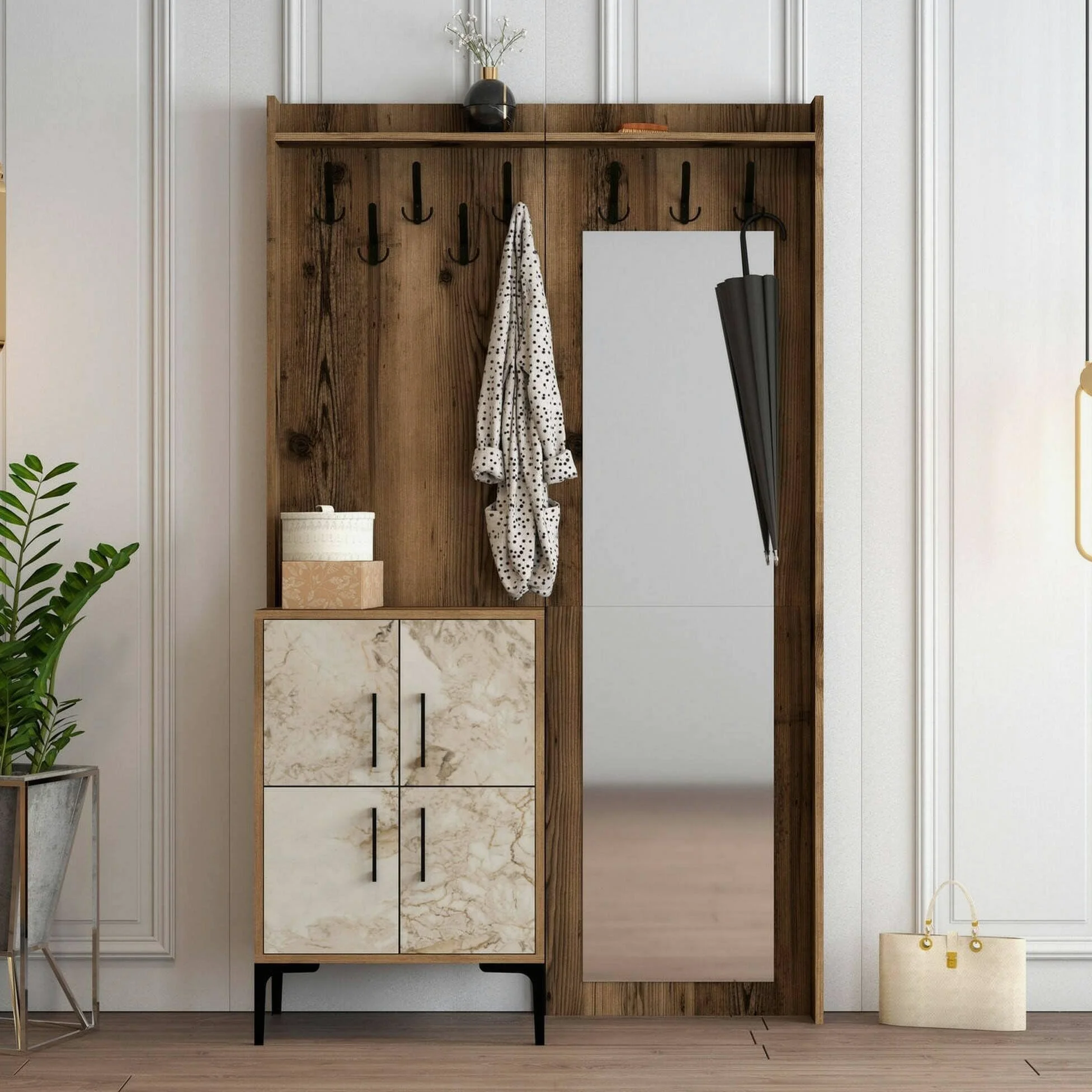 Dmora - Mobile da ingresso Pollux, Entratina appendiabiti, Composizione per atrio, Consolle portaoggetti multifunzione, 120x35h200 cm, Noce e Bianco