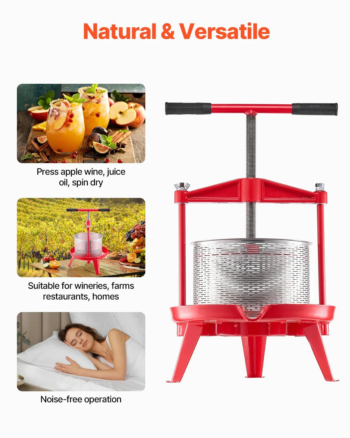 VEVOR Pressa Manuale per Vino di Frutta Cesto in Acciaio Inox 9L con Manico, Spremiagrumi Manuale per Bevande Alcoliche Pressa per Sidro, Mela, UVA, Tintura, Miele, Olio d'Oliva Cucina, Casa