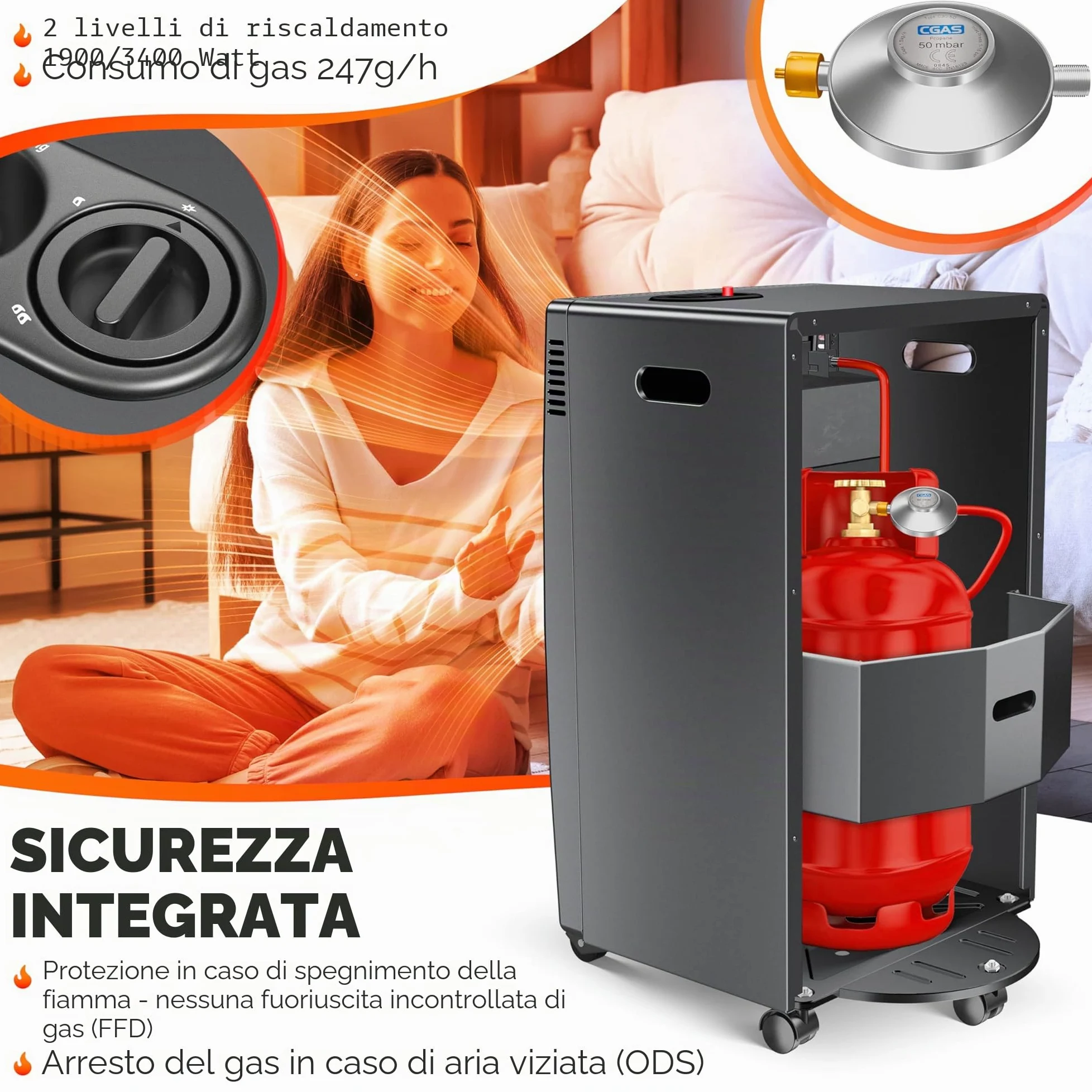 Kesser Stufa a 3,4 kW, con regolatore di pressione, tubo gas, 2 livelli di riscaldamento a infrarossi, 3400 W, riscaldamento fino a 11 kg bombole