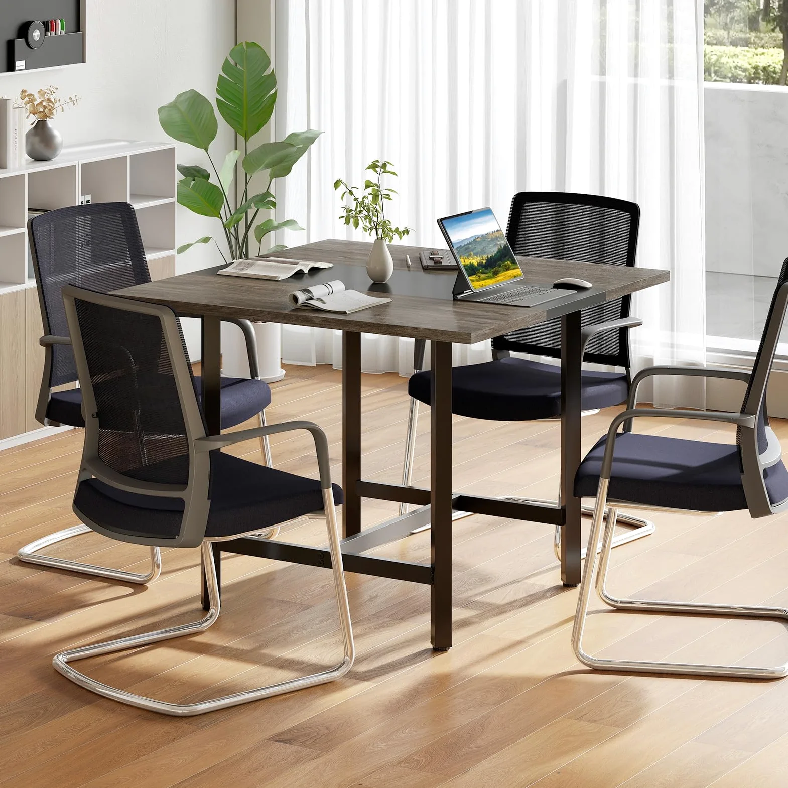 COSTWAY Tavolo da Conferenza Quadrato 100 cm, Tavolo da Riunioni con Piano Rinforzato e Struttura Metallica Robusta, Ideale per 4 Persone da Ufficio e Sala Riunioni (Grigio)