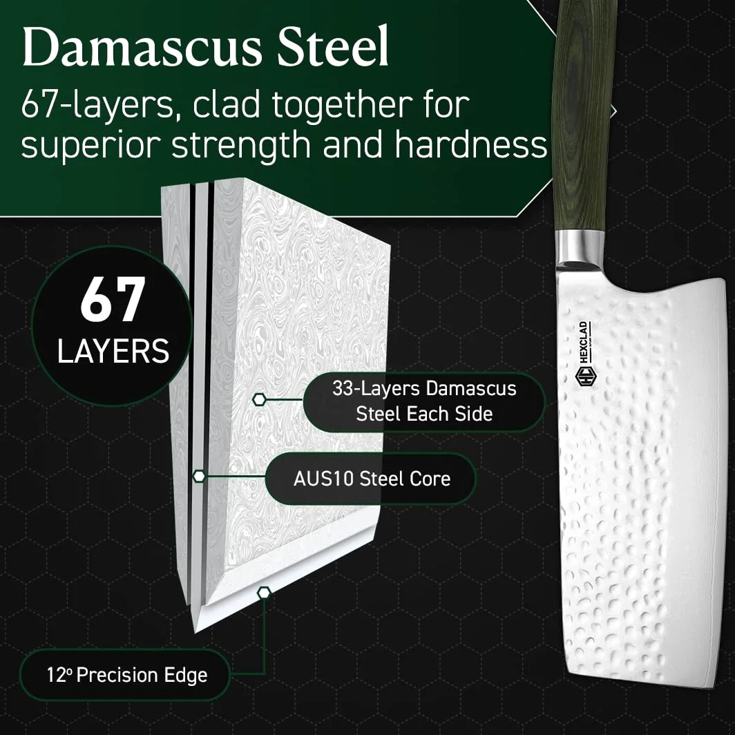 HexClad Coltello mannaia, lama giapponese in acciaio inox damasco da 18 cm, costruzione a tutto codolo, manico in legno pakkawood