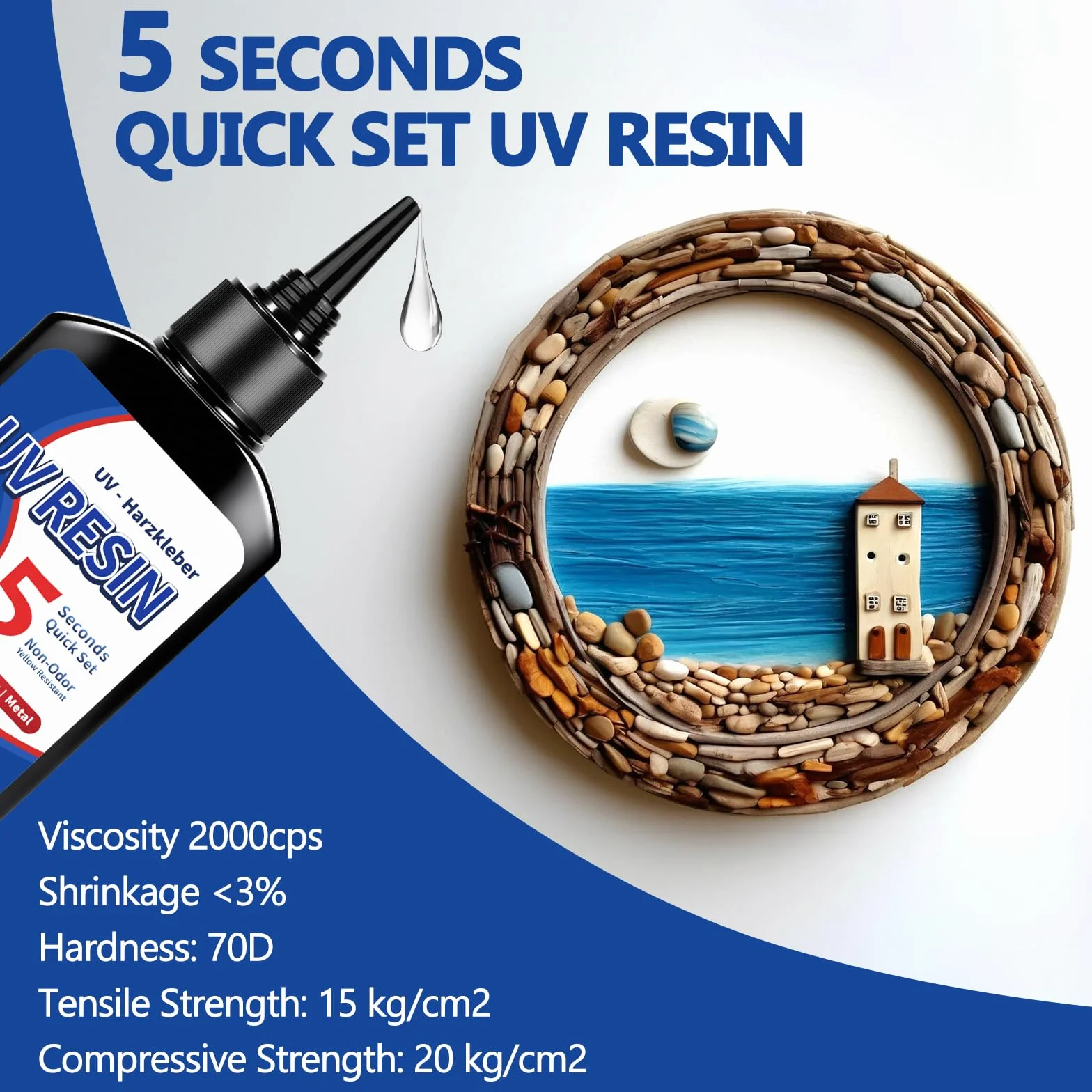 Kit Resina UV 60g con Luce 395nm, Colla UV Professionale per Gioielli, Colla UV con Luce Ricaricabile, Polimerizzazione Rapida in 5 Secondi, Ideale per DIY e Lavorazioni Artigianali