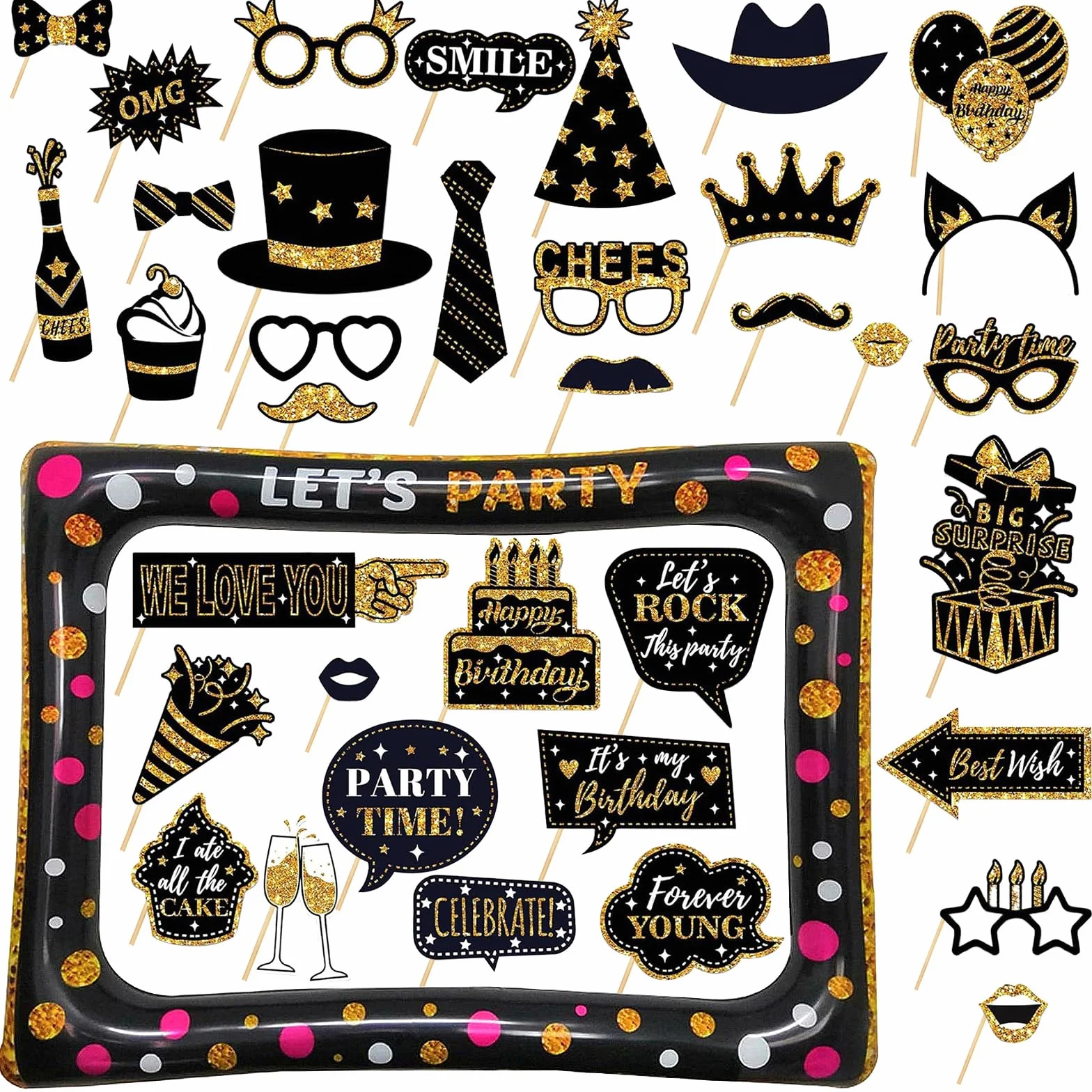 37 Pezzi Cornice per Foto Compleanno, Oro Nero Photo Booth Kit, Cornice per Selfie, Accessori Fai da Te per Festa