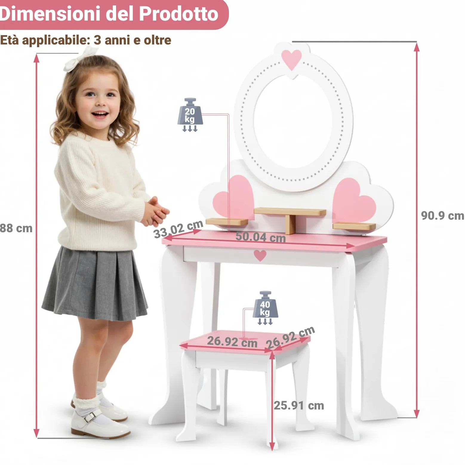 Clevich 2 in 1 Toeletta per Bambini, Toeletta da Trucco con Specchio Bambini, Scrivania in Legno con Sgabello, Robusto e Durevole, per Bambini dai 3-8 Anni (Bianco)