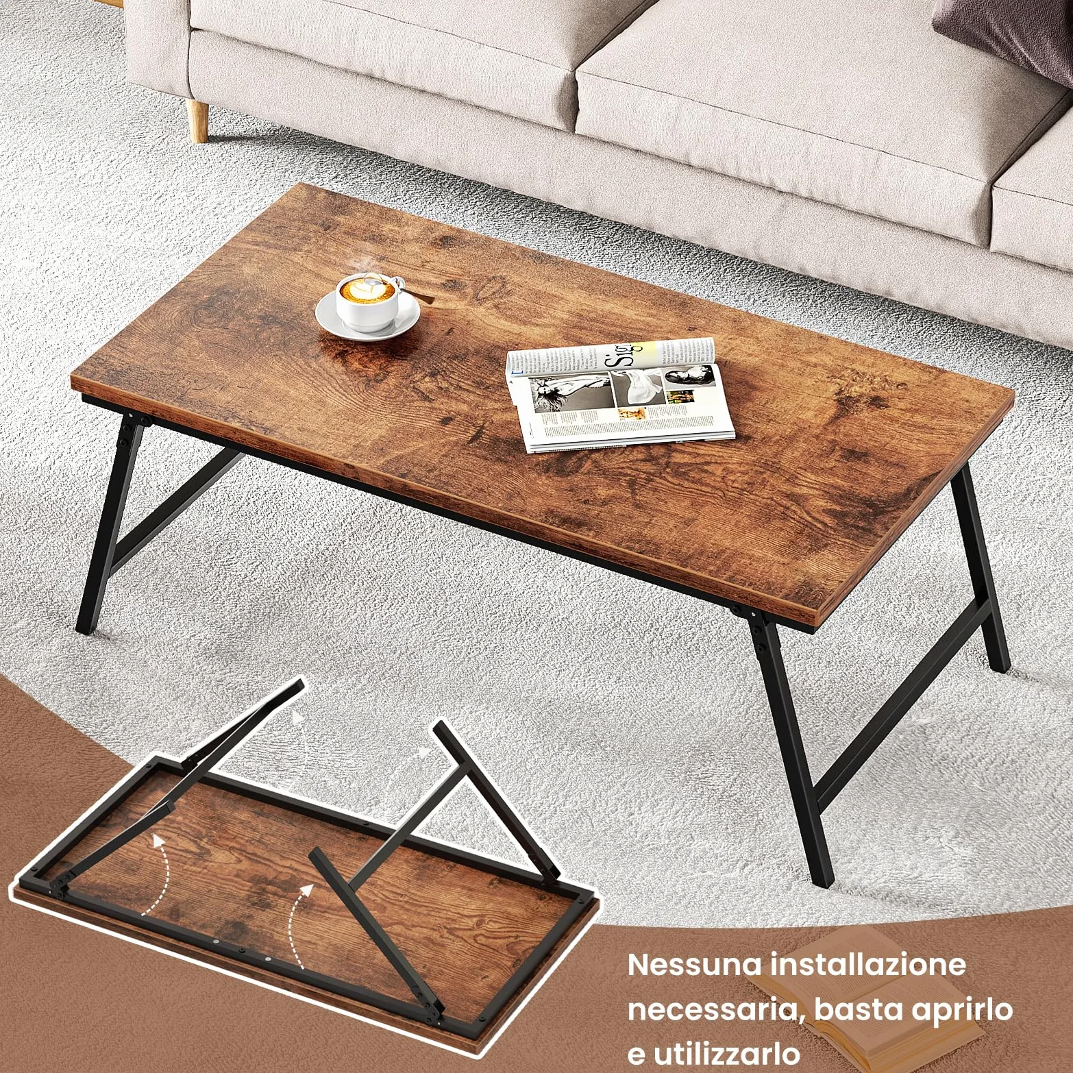Tavolino Salotto, Tavolino Pieghevole, Design con Fibbia per Gamba del Tavolo, Nessun Montaggio Richiesto, Adatto per Soggiorno,105 x 55 x 40 cm
