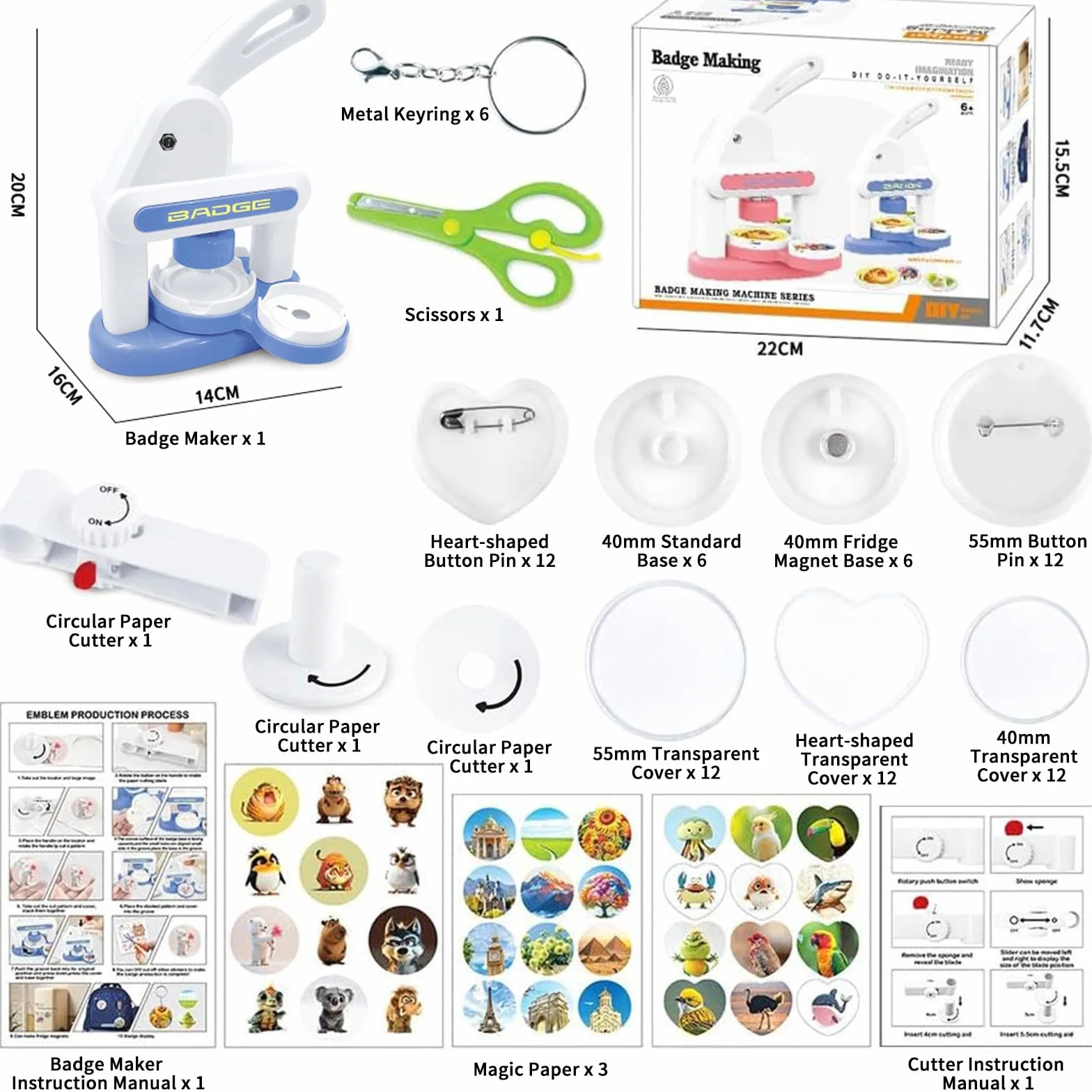 Macchina per Spille, 3IN1 Button Maker Badge Machine Blu Macchina da Stampa per Badge, Stampanti Badge 55/40MM Spille Personalizzate kit Portachiavi Fai Da Te per Regali di Compleanno e Natale