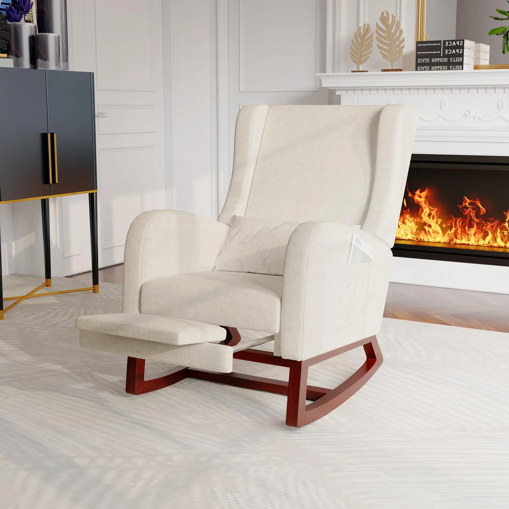 Generisch Sedia a dondolo con poggiapiedi estraibile, poltrona relax con schienale alto e cuscino lombare, poltrona con tasche laterali. Poltrona da lettura per soggiorno/camera da letto (lino, beige)