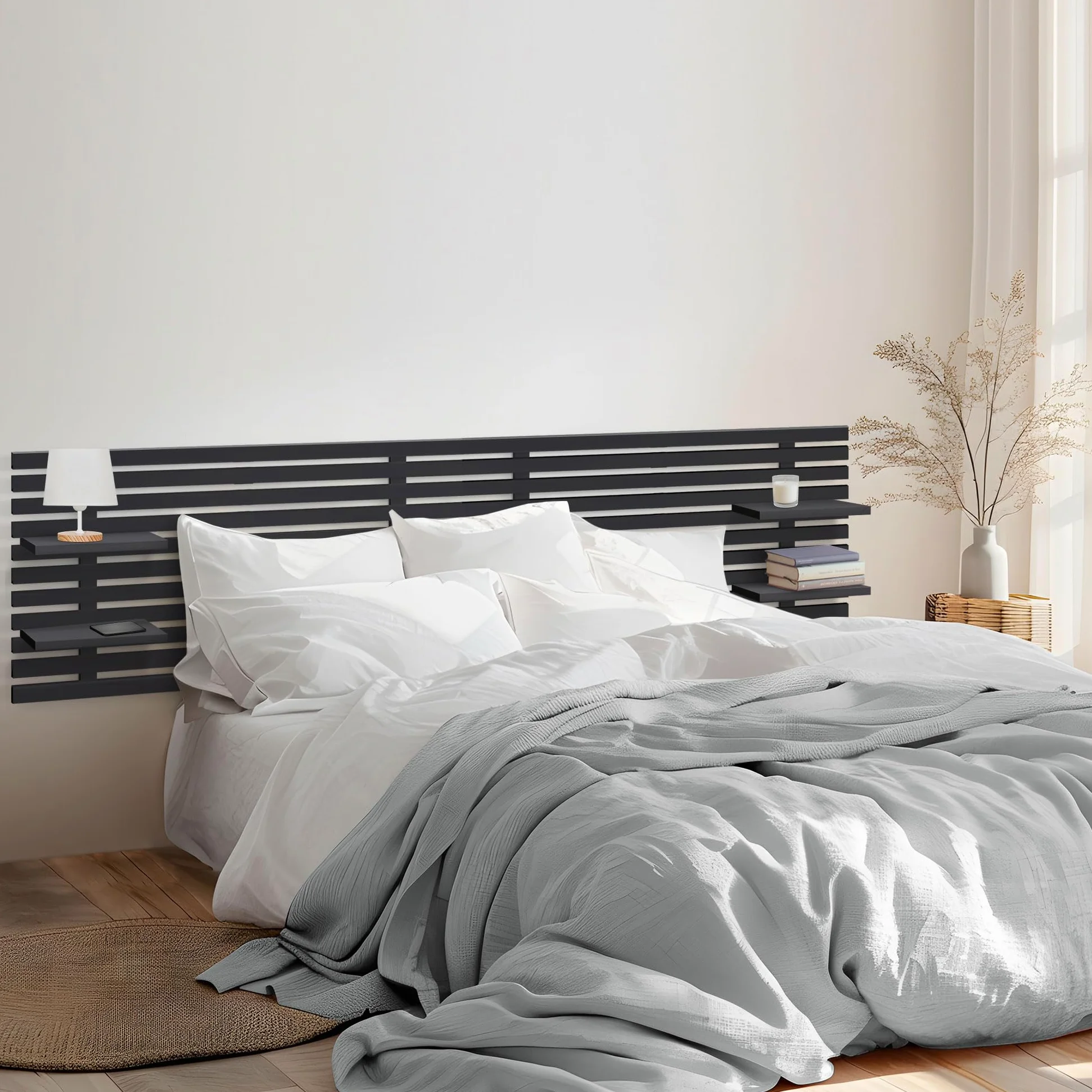 DHOME Testiera con Mensole in Legno Riciclato DM da Appendere alla Parete Stile Pallet Letto Vintage Nordico Supporti Inclusi (Stile Giapponese, Nero Solido, 270cm)
