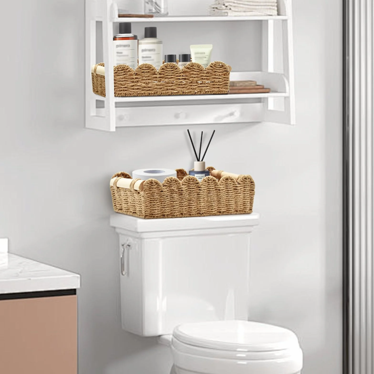 Cestini Portaoggetti in Vimini con Manici in Legno, Cesto Porta Carta Igienica Intrecciata, Organizer per Cucina Bagno Ufficio