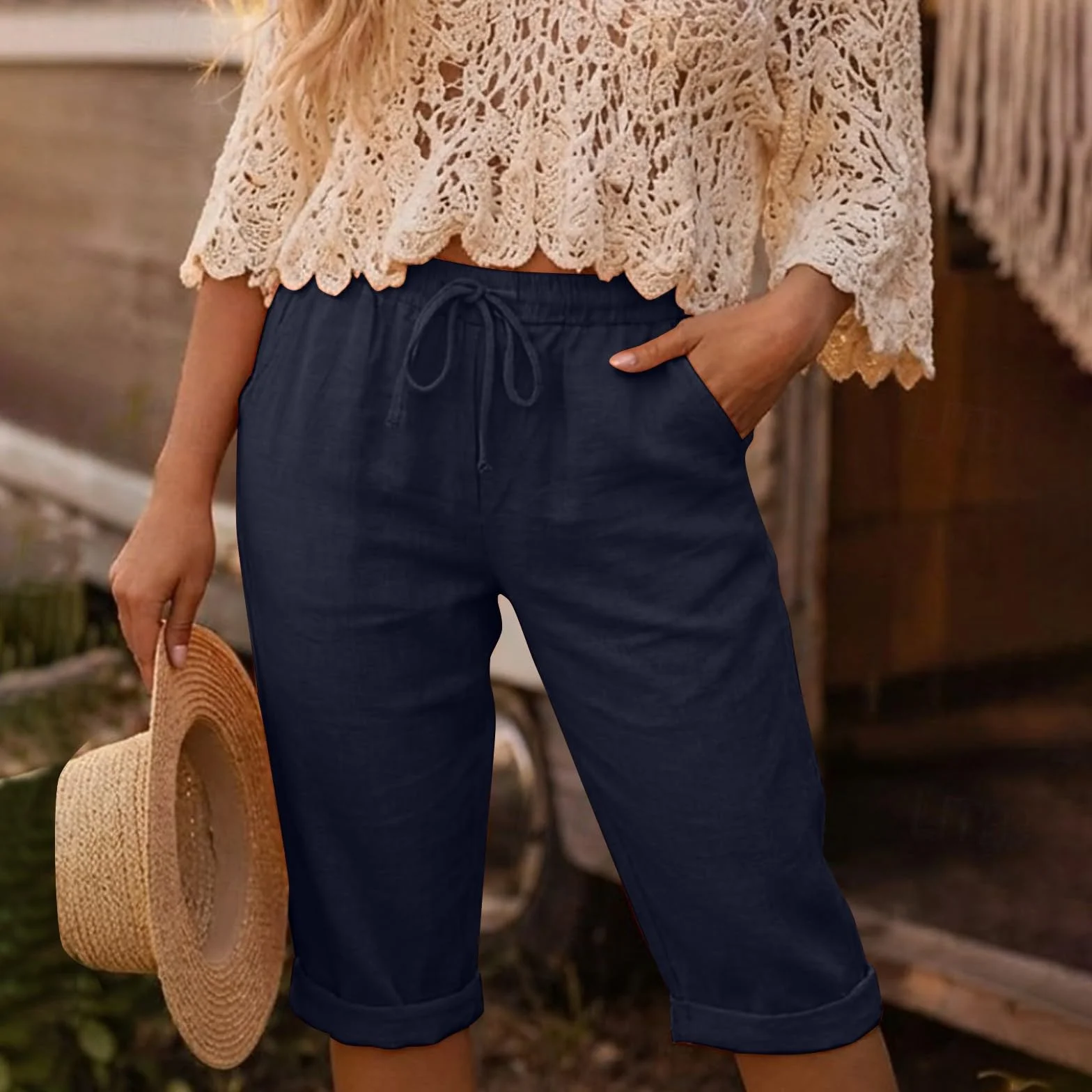 Pantaloni Lino Donna 3/4 Curvy Pantaloncini Donna Estivi In Cotone E Lino Leggeri Vita Alta Con Coulisse Ed Elastico Shorts Bermuda Larghi Eleganti Con Tasche Casual Per Spiaggia Sport E Tempo Libero