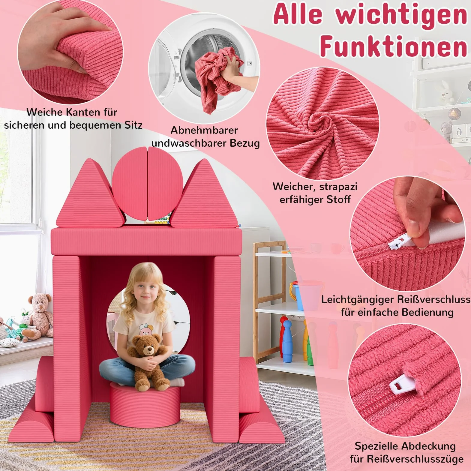 Divano per Bambini 15 Pezzi, Divano da Gioco per Bambini, Divano Gioco Modulare in Schiuma, per Camera da Letto e Sala Giochi, Mobili Creativi per Sala Giochi, Regalo bambini, Velluto a Coste (Rosa)