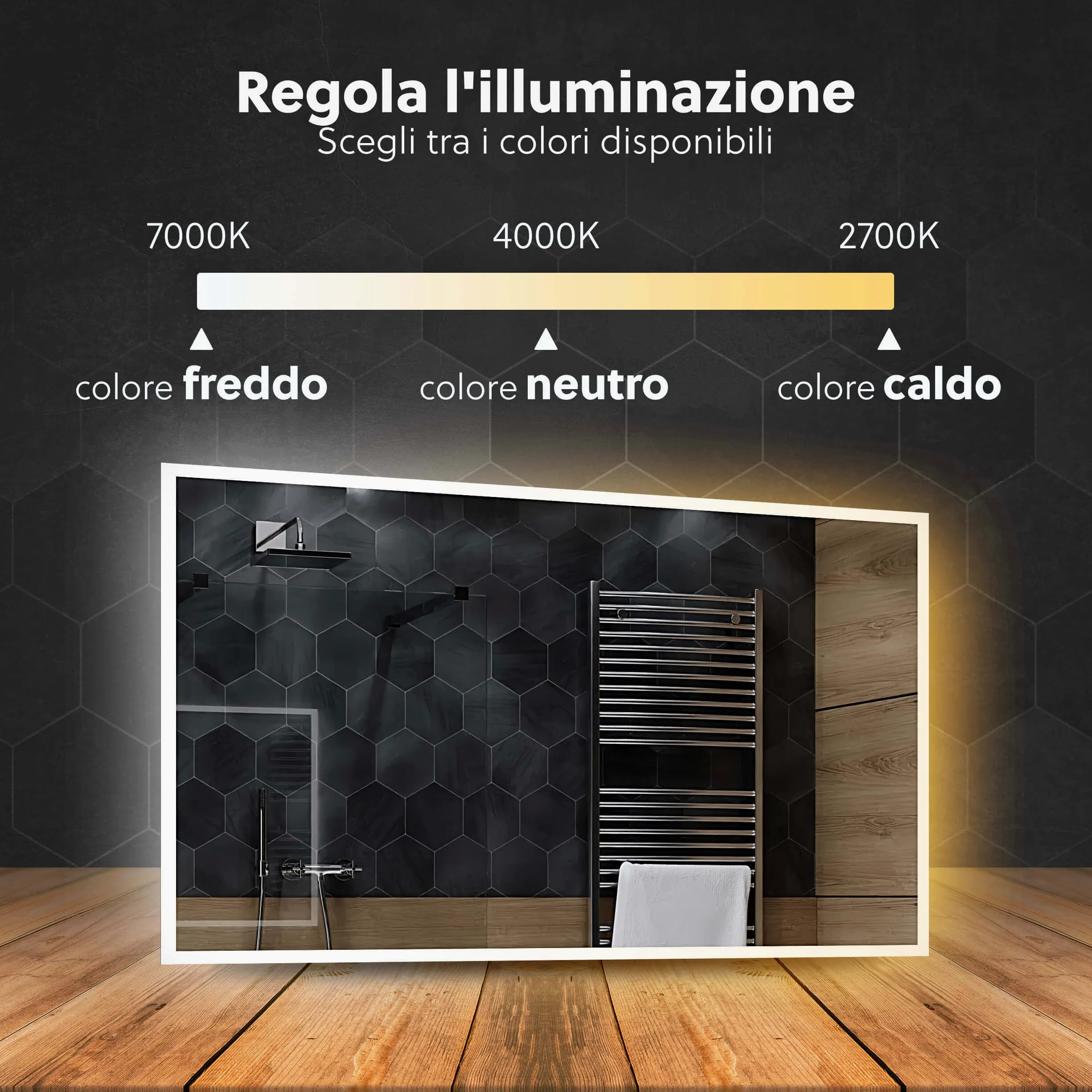 Atlanta Specchio Bagno LED 110x90cm Antiappannamento, Retroilluminato, Personalizzabile, Rettangolare, Selezione Colore Luce