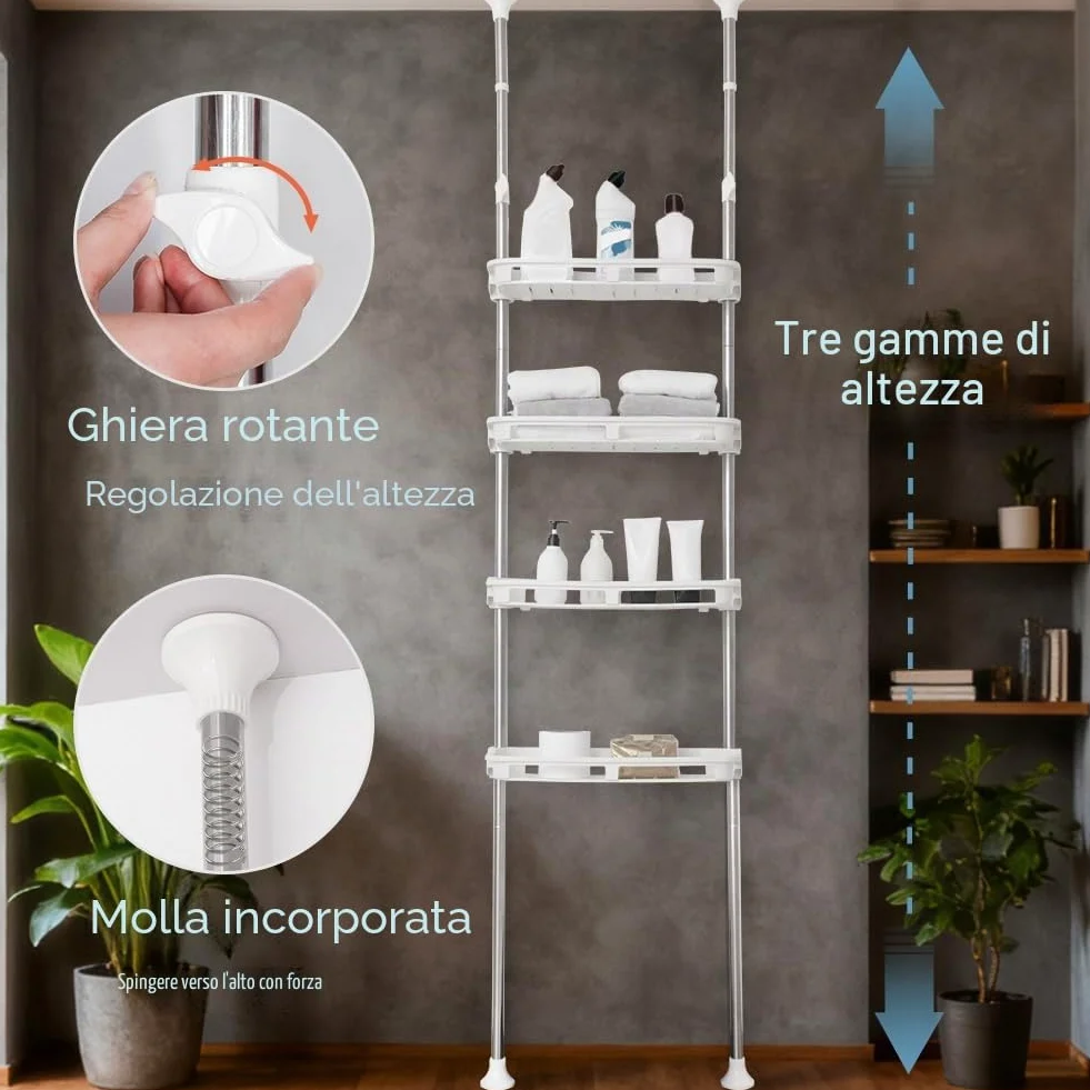 BAOYOUNI Scaffale Telescopico con 4 Cestelli, Mensola Portaoggetti sopra Toilette, Scaffalatura Salvaspazio per Bagno, Lavanderia, Camera da Letto, Ufficio o Cucina, Regolabili in Altezza, Avorio