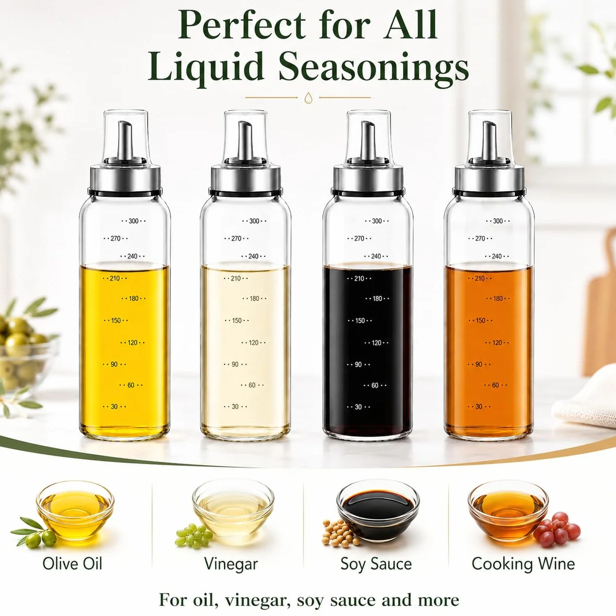 MHTECH Bottiglia per olio e aceto , corpo della bottiglia in vetro con scala, uscita dell'olio con funzione di apertura e chiusura automatica (300ml-zhizui)
