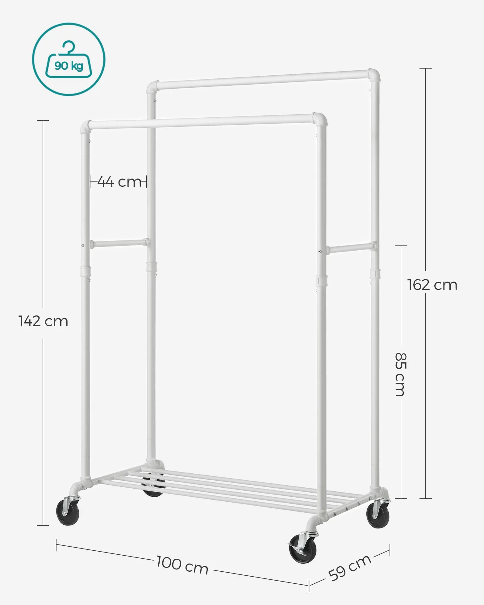 SONGMICS Stand Appendiabiti a Doppia Barra, Struttura in Metallo, 59 x 100 x 162 cm, con Ripiano Portaoggetti e Rotelle, 2 Ruote con Freni, Portata fino a 110 kg, Bianco HSR060W01