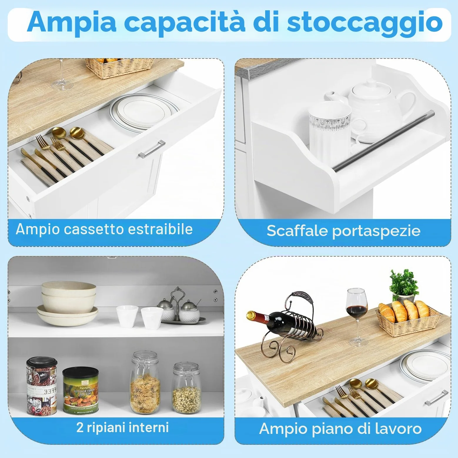 KOMFOTTEU Carrello da Cucina Ausiliario, Carrello di Servizio con Cassetto e Ripiano Regolabile, Isola da Cucina da Sala da Pranzo con Ruote Universali con Freni, in Legno, 116 x 40 x 85 cm, Bianco