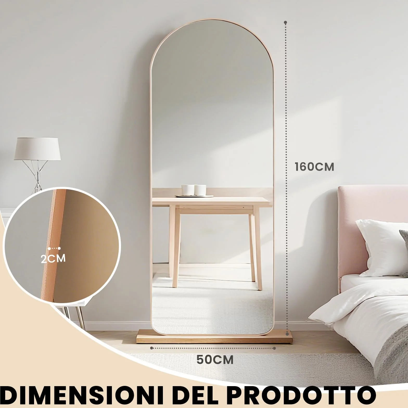 Specchio da Terra ad Arco 160x50 cm, Specchio da Parete con Cornice in Alluminio Dorato, Design Moderno, da Appoggiare o Appendere per Soggiorno, Camera da Letto, Ingresso