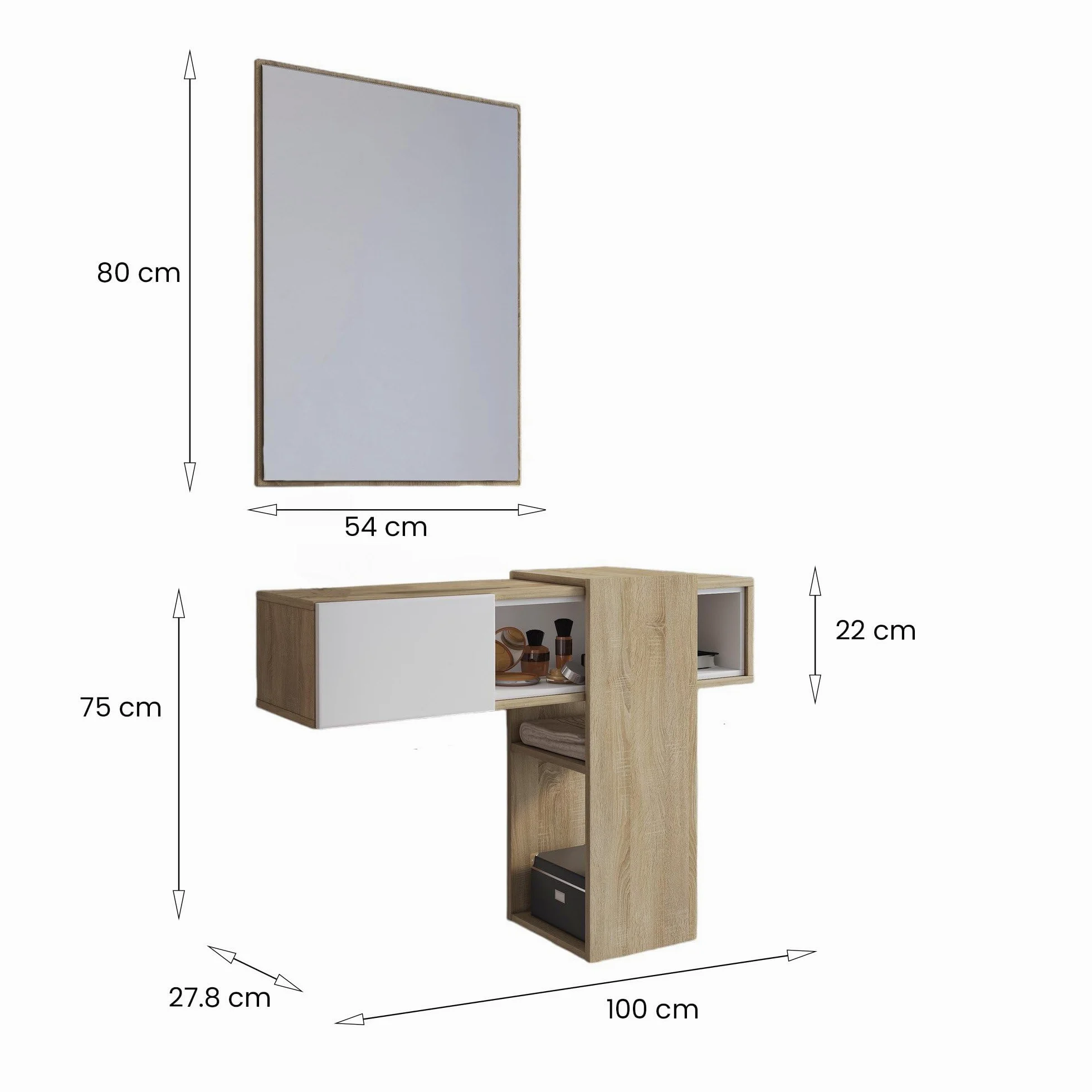 Dmora - Mobile da ingresso Baffin, Entratina appendiabiti, Composizione per atrio, Consolle portaoggetti multifunzione, 100x31h75 cm, Rovere e Bianco