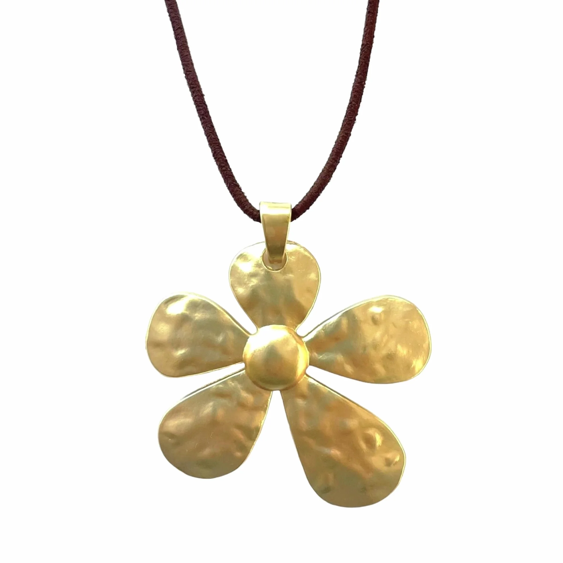 ASTER ALHELÍ Collana Donna Ciondolo Fiore Grande Dorato – Collana Lunga Regolabile Cordoncino Camoscio Marrone Boho Gioiello Artigianale Regalo