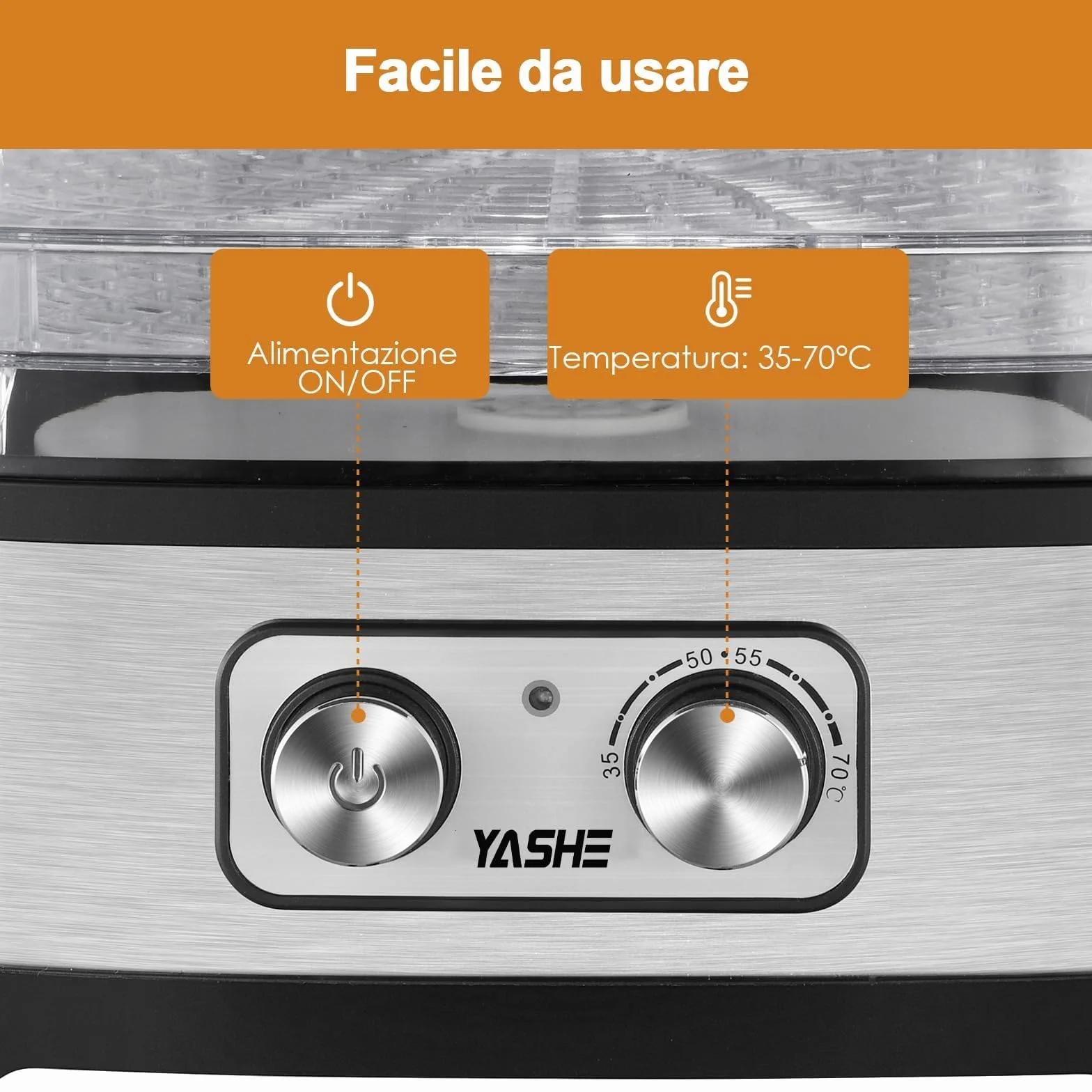 YASHE GGJ-261A Essiccatore Alimentare, 5 Vassoi Regolabili in Altezza, Controllo della Temperatura da 35 a 70°C, Essiccatore Frutta e Verdura da 240 Watt, Senza BPA