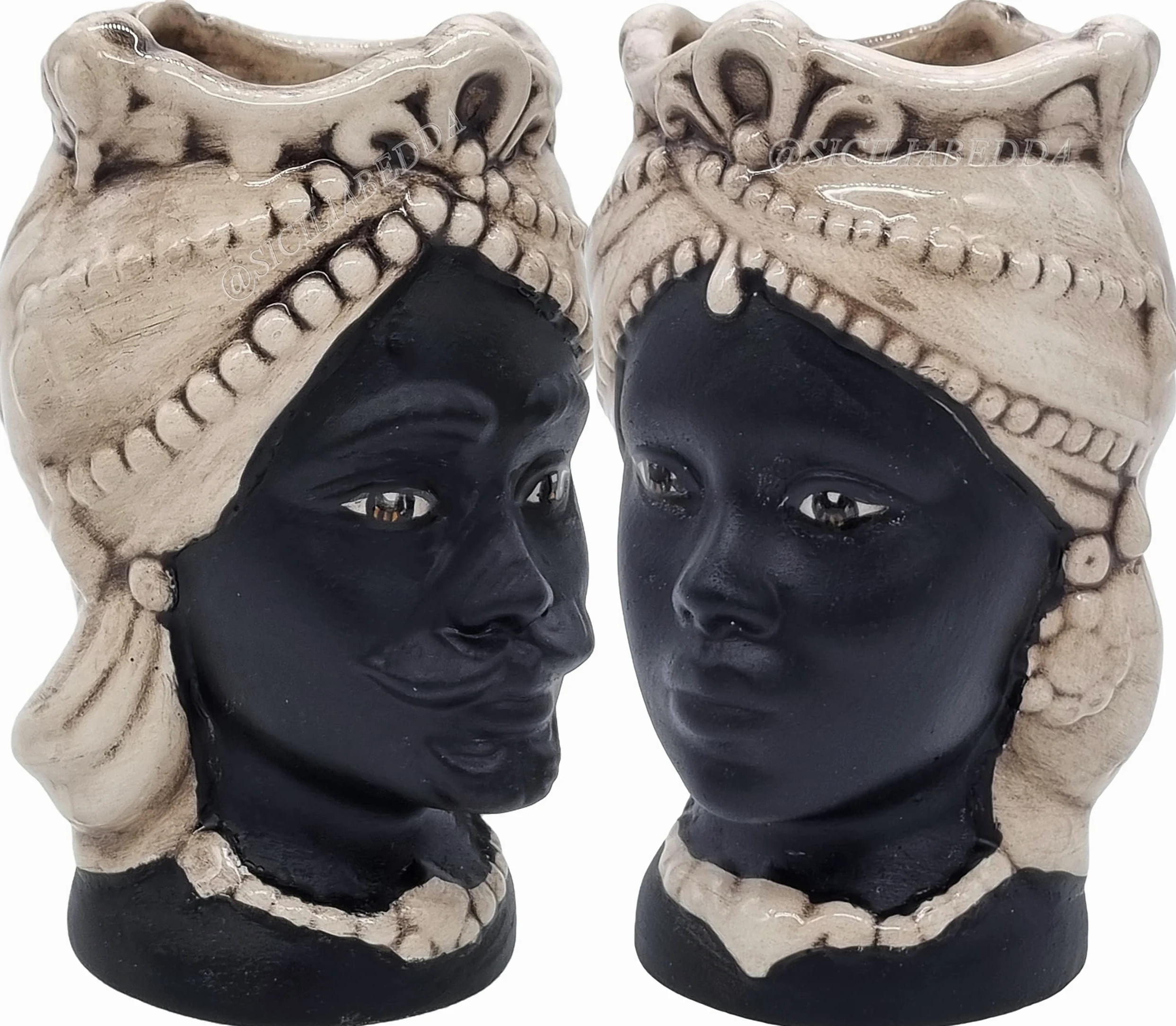 sicilia bedda - Teste di Moro Siciliane in Ceramica di Caltagirone - Volto Satinato/Stile Moderno - Altezza 15Centimetri (Coppia, Avorio)