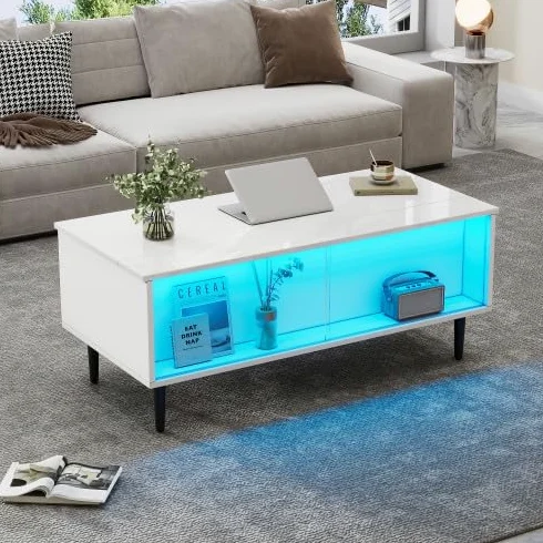 Merax Tavolino da salotto regolabile in altezza con LED, tavolo da soggiorno e tavolino da caffè bianco, moderno mobili da soggiorno