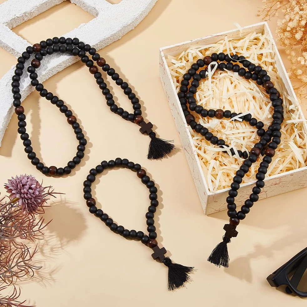 DICOSMETIC 3 corde da preghiera cristiana ortodossa Chotki in legno 30/80/100 nodi, perline per preghiera anglicana, croce nera, perline di benedizione con nappa, regalo religioso per uomini e donne