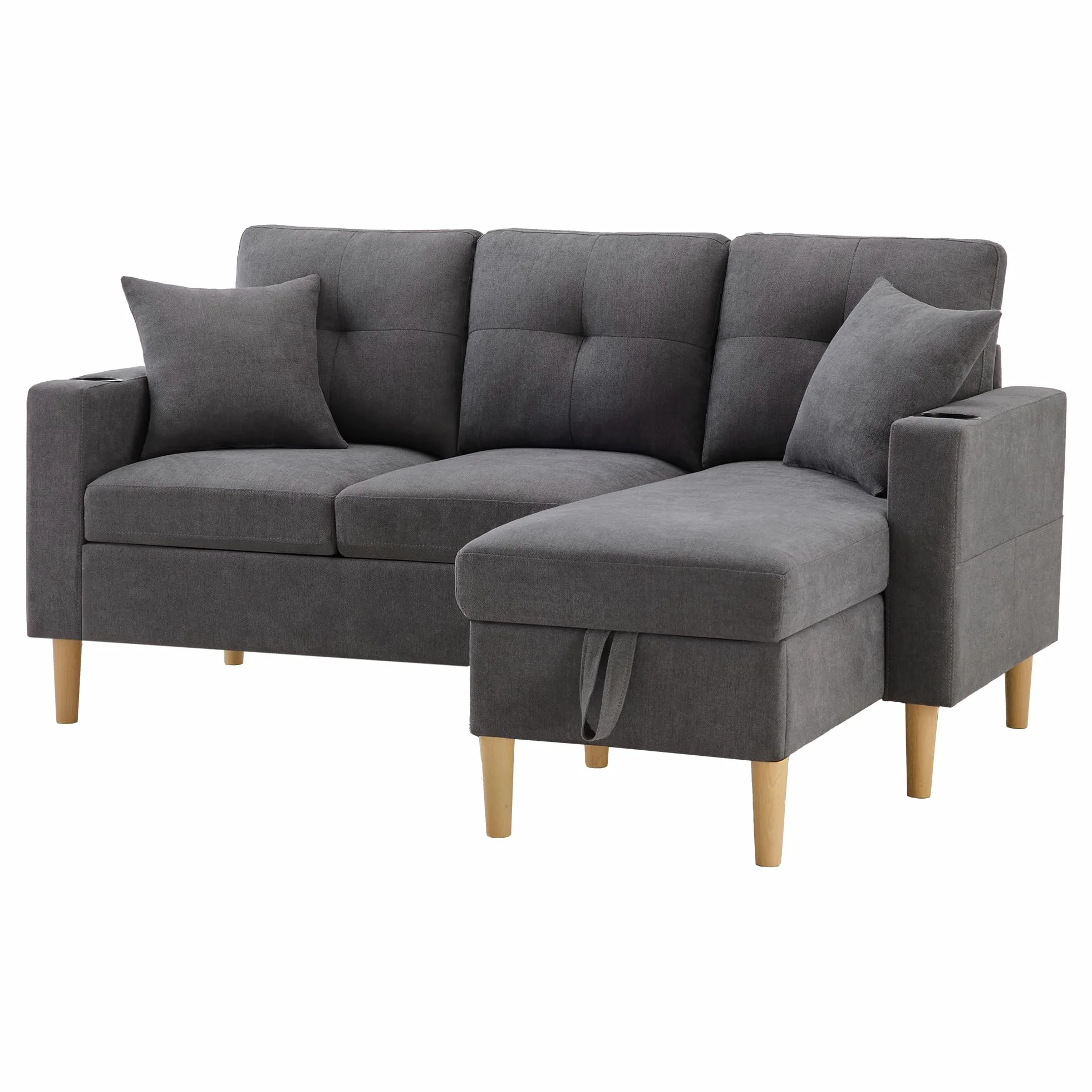 Divano Moderno a Forma di L, a 3 Posti, con Chaiselongue, Portabevande, Spazio per Riporre, Include 2 Cuscini, per Soggiorno, Ufficio, Appartamento (Grigio Scuro)