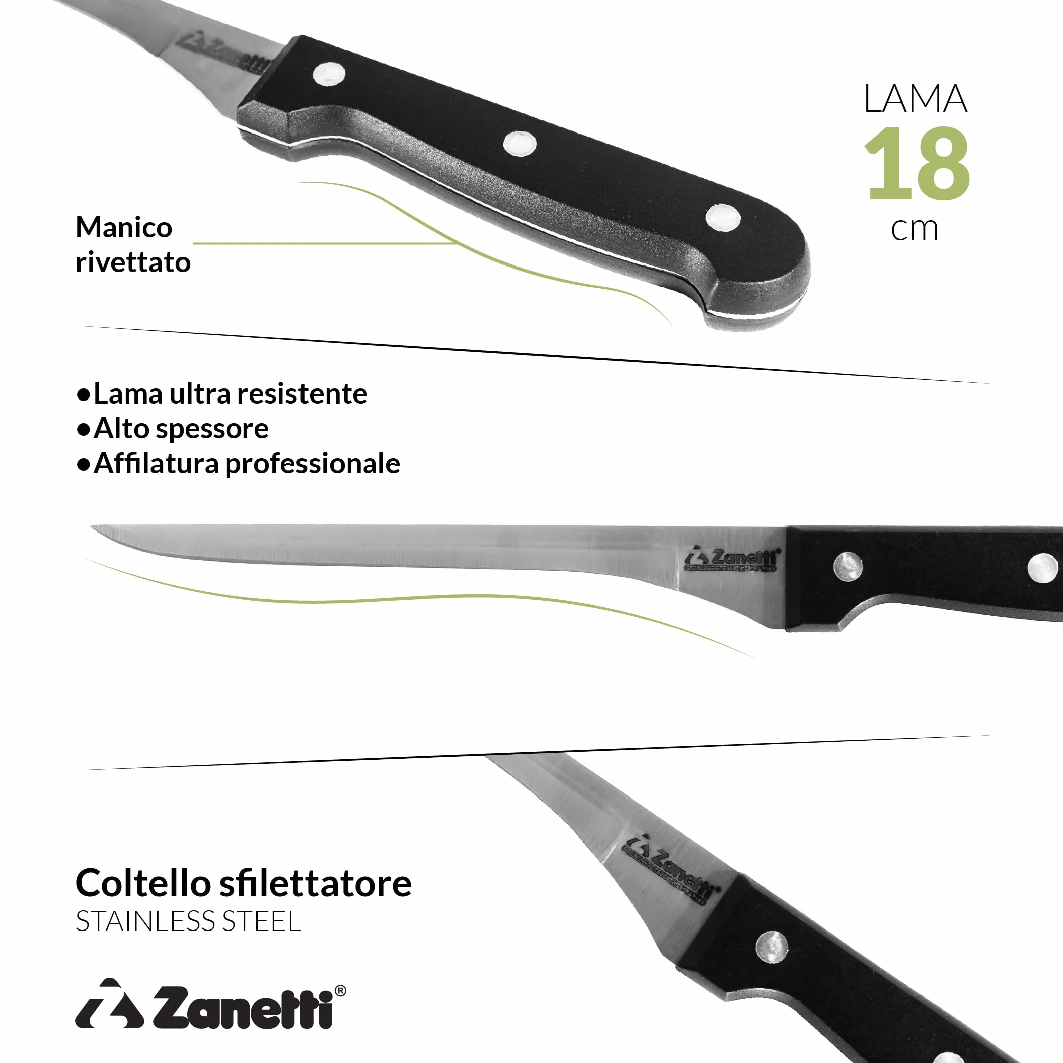 Zanetti Coltello Sfilettare Classic Acciaio Inox, Finitura Mat, Lama 18 cm, Spessore 1.5 mm, Manico Rivettato