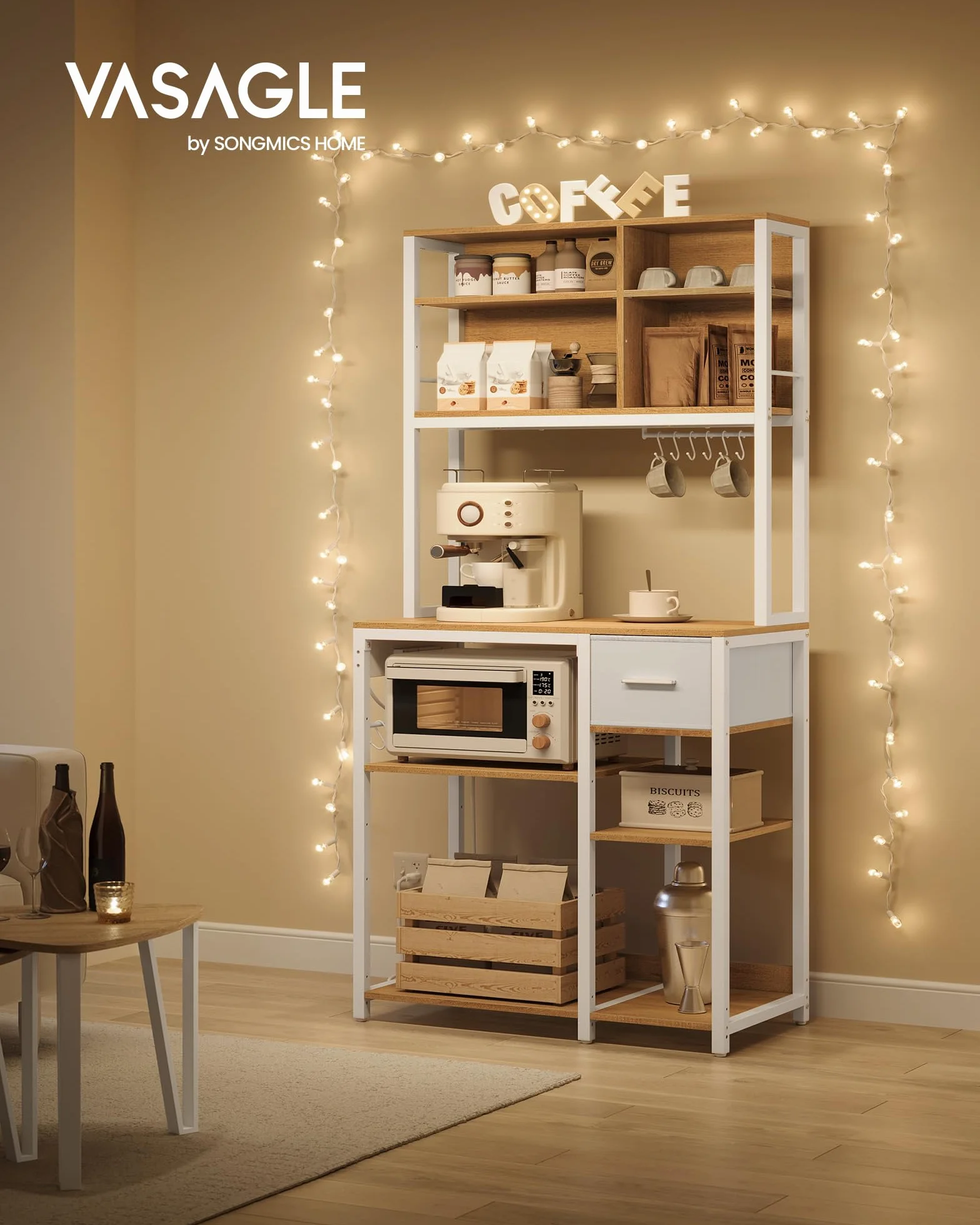 VASAGLE Scaffale Cucina con Multipresa, Mobile Cucina 40x80x180,4 cm, Ripiani Regolabili, Rovere Dorato e Bianco Nuvola