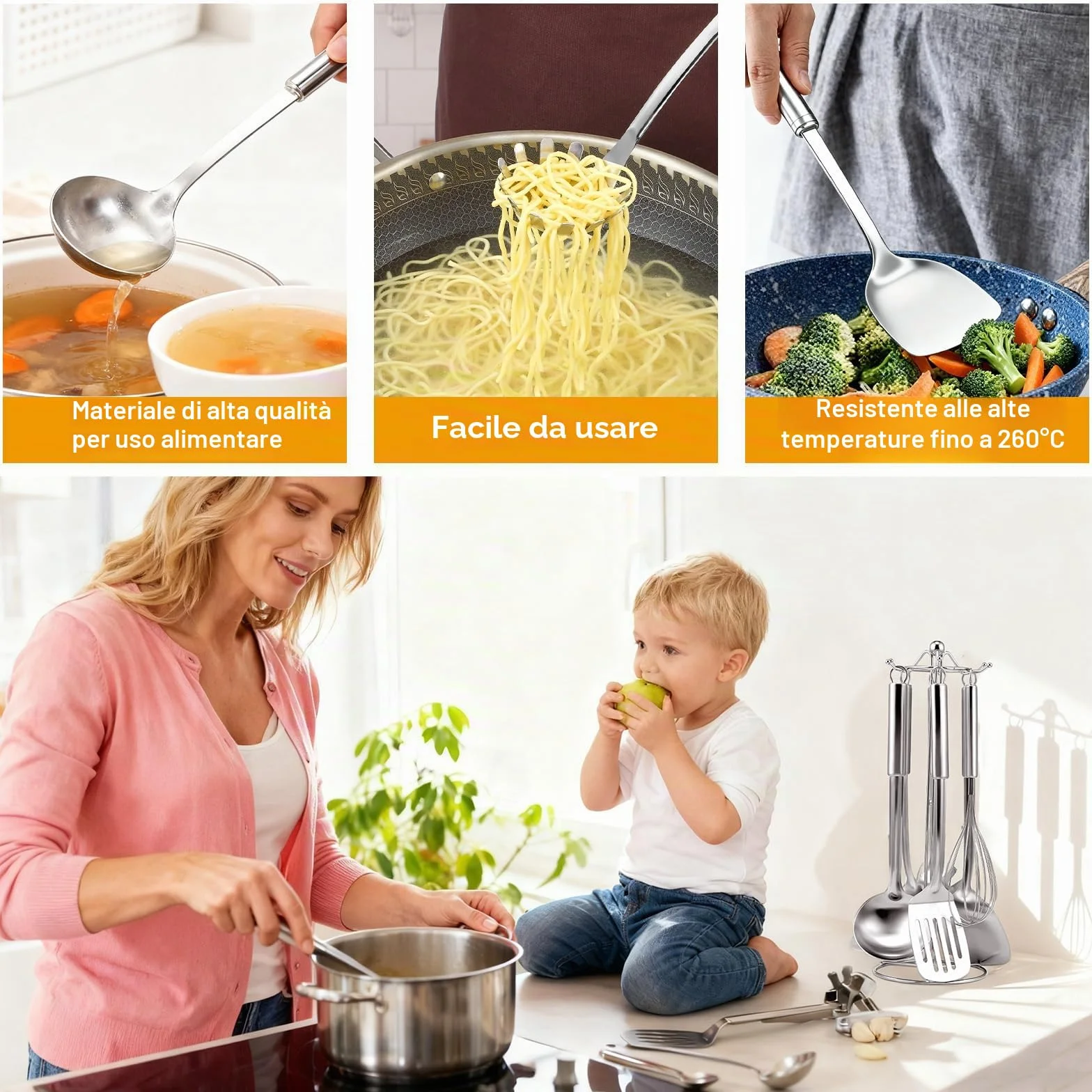 Set 7 utensili cucina acciaio inox con manico appendibile lavabile in lavastoviglie