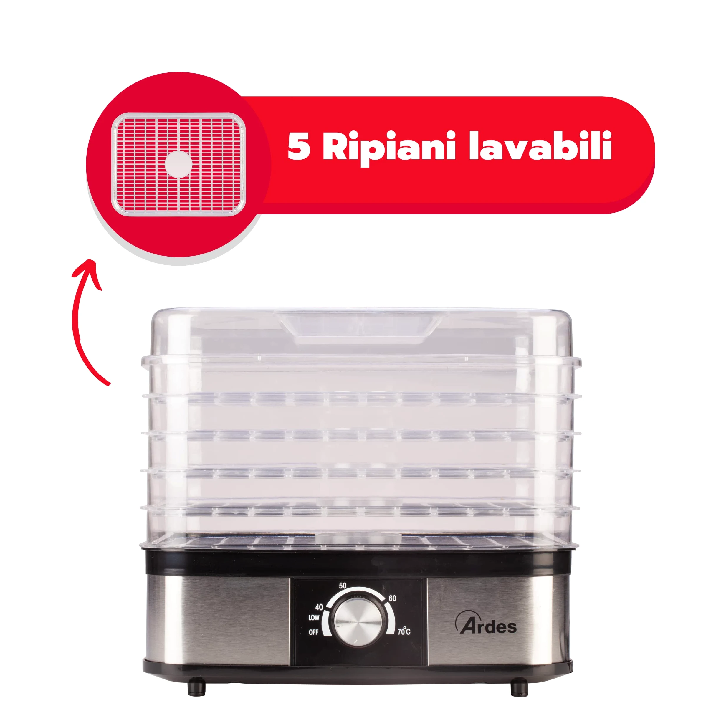 ARDES | AR1K15 Essiccatore Alimentare per Frutta Verdura Funghi Disidratazione Rapida - 5 Ripiani Lavabili, Temperatura Regolabile, 245 W, Plastica