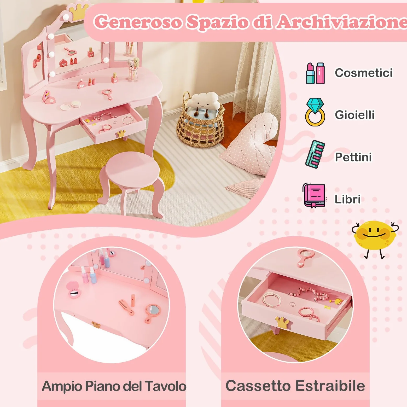 RELAX4LIFE Toeletta Trucco per Bambina con 8 Lampadine LED, 3 Colori di Luci, Specchiera Trucco con Sgabello, Toeletta in Legno, Specchio Rimovibile, per Bambini 3-7 Anni (Rosa)