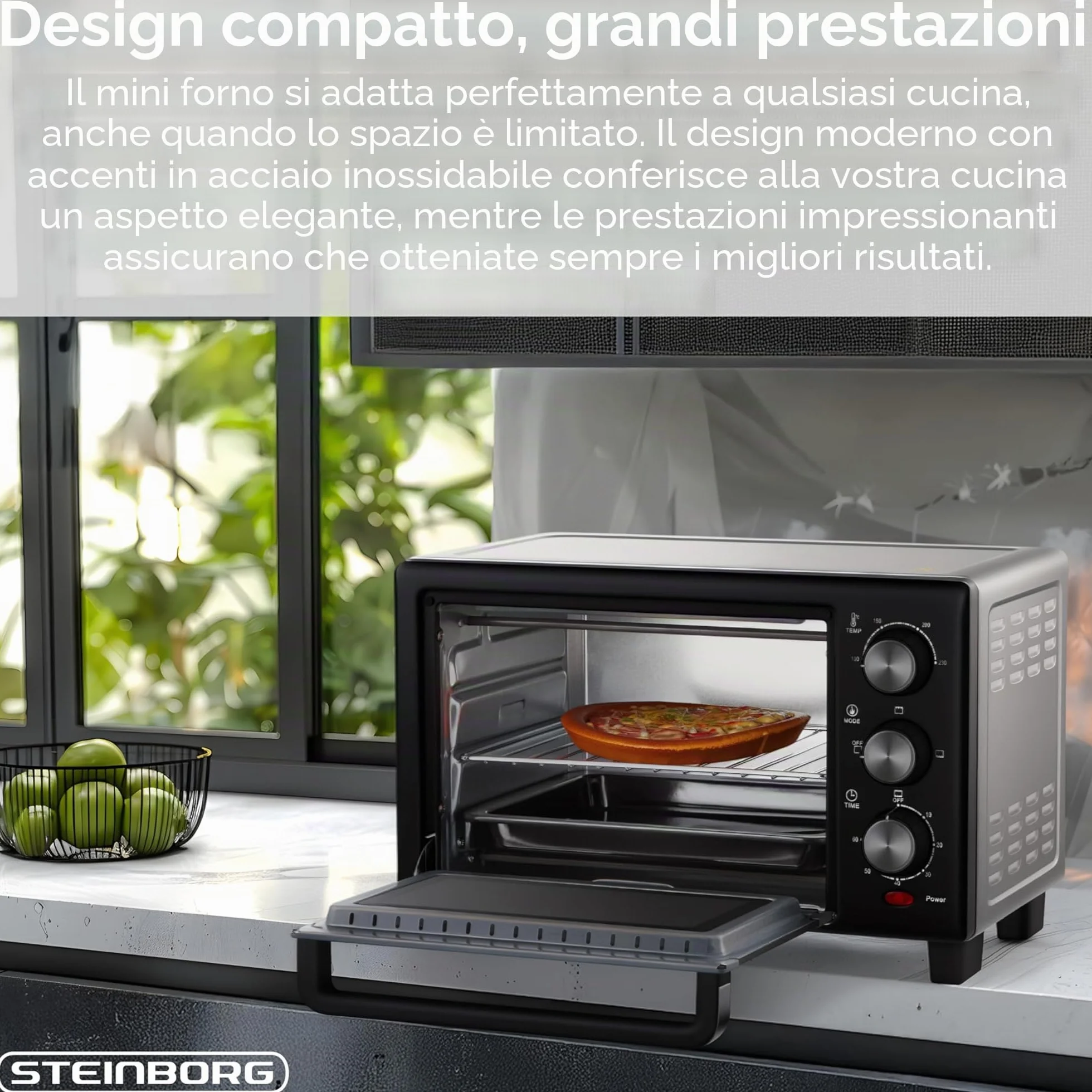 STEInBORG Mini forno 15 litri 3 in 1 forno per pizza calore superiore/inferiore 60 minuti