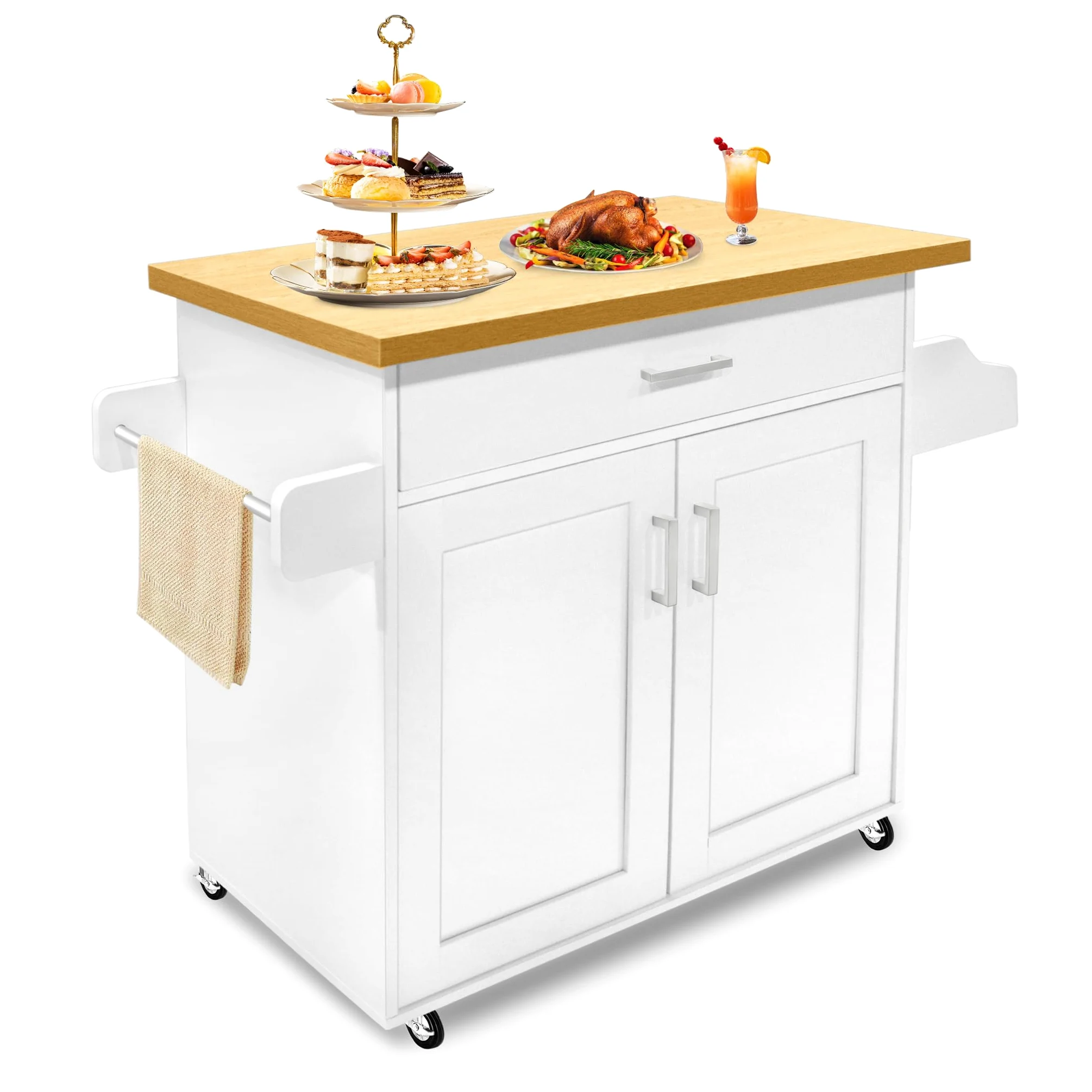 FIVMEN Carrello da Cucina con Ruote e Piano di Lavoro, Carrello Servizio in Legno con Portasciugamani e Portaspezie, Mobile Credenza Cucina Bianco, 115x90x36 cm