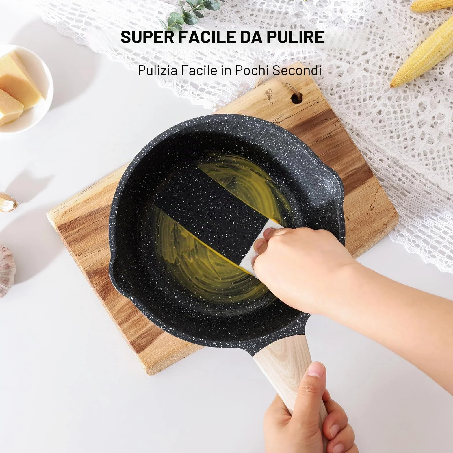 Set di pentole Kordisen con coperchi, da 16 cm e 20 cm, rivestimento in granito, doppio beccuccio per versare, facili da pulire, adatte ai piani cottura a induzione - Ideali per cucine piccole (Nero)