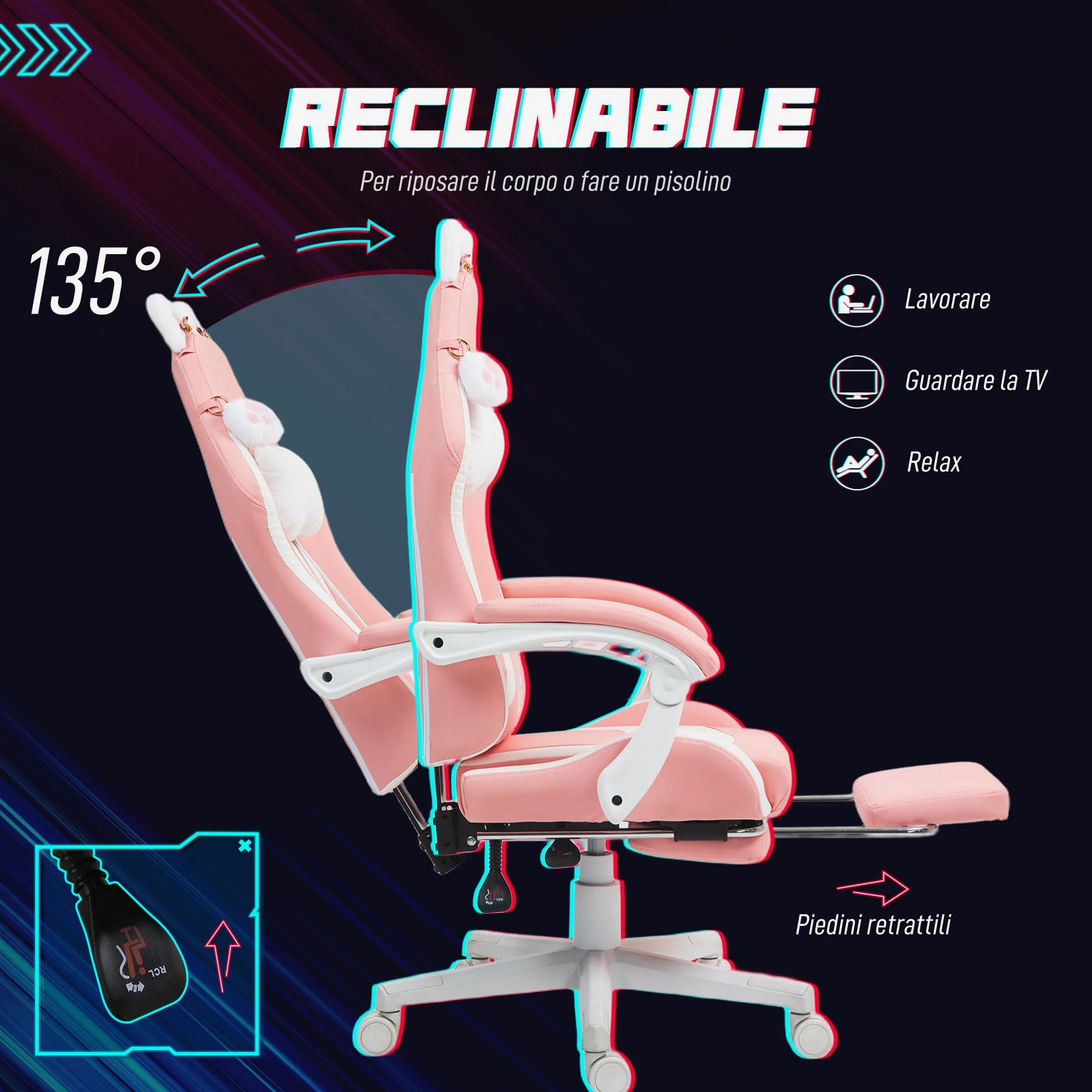 HOMCOM Sedia Gaming Ergonomica con Orecchie da Gatto, Poltrona Gaming Ufficio Reclinabile in Finta Pelle con Poggiapiedi, Poggiatesta e Altezza Regolabile, Supporto Lombare e Cervicale, Rosa