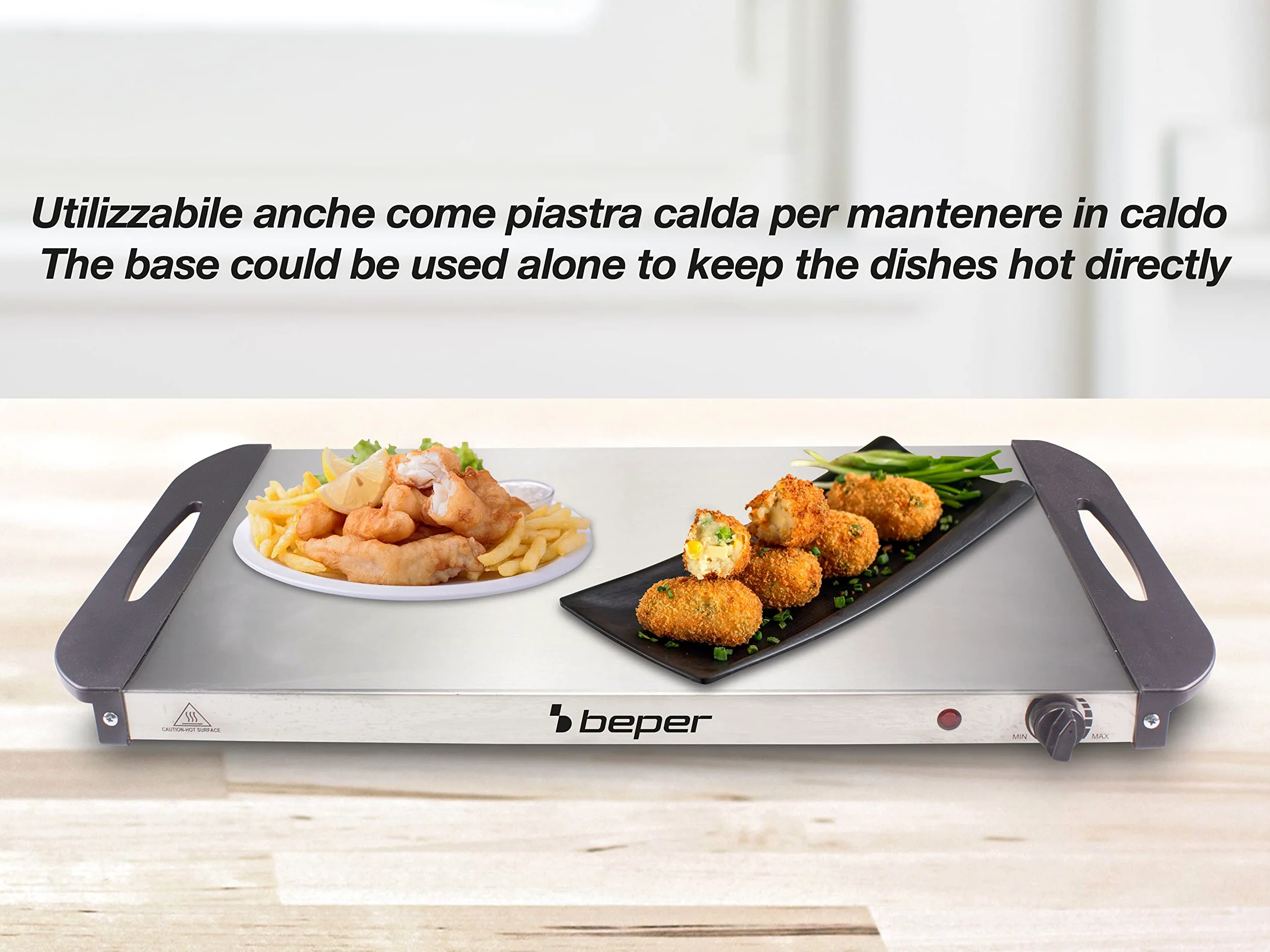 Beper P101TEM001 Scaldavivande per buffet, Acciaio inossidabile, 4 vassoi rimovibili, Termostato per la temperatura, Luce funzionamento, Ideale per buffet