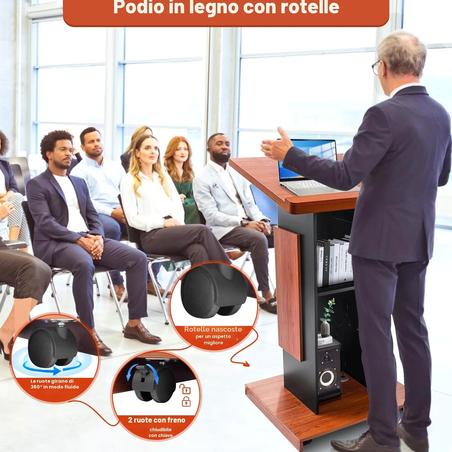 Afitdon Podio in legno, Grande podio in legno con ruote, Leggio premium alto in legno massello con ripiano a doppio strato, Leggio per chiesa, presentazioni, scuola, seminario (120 x 60 x 70 cm)