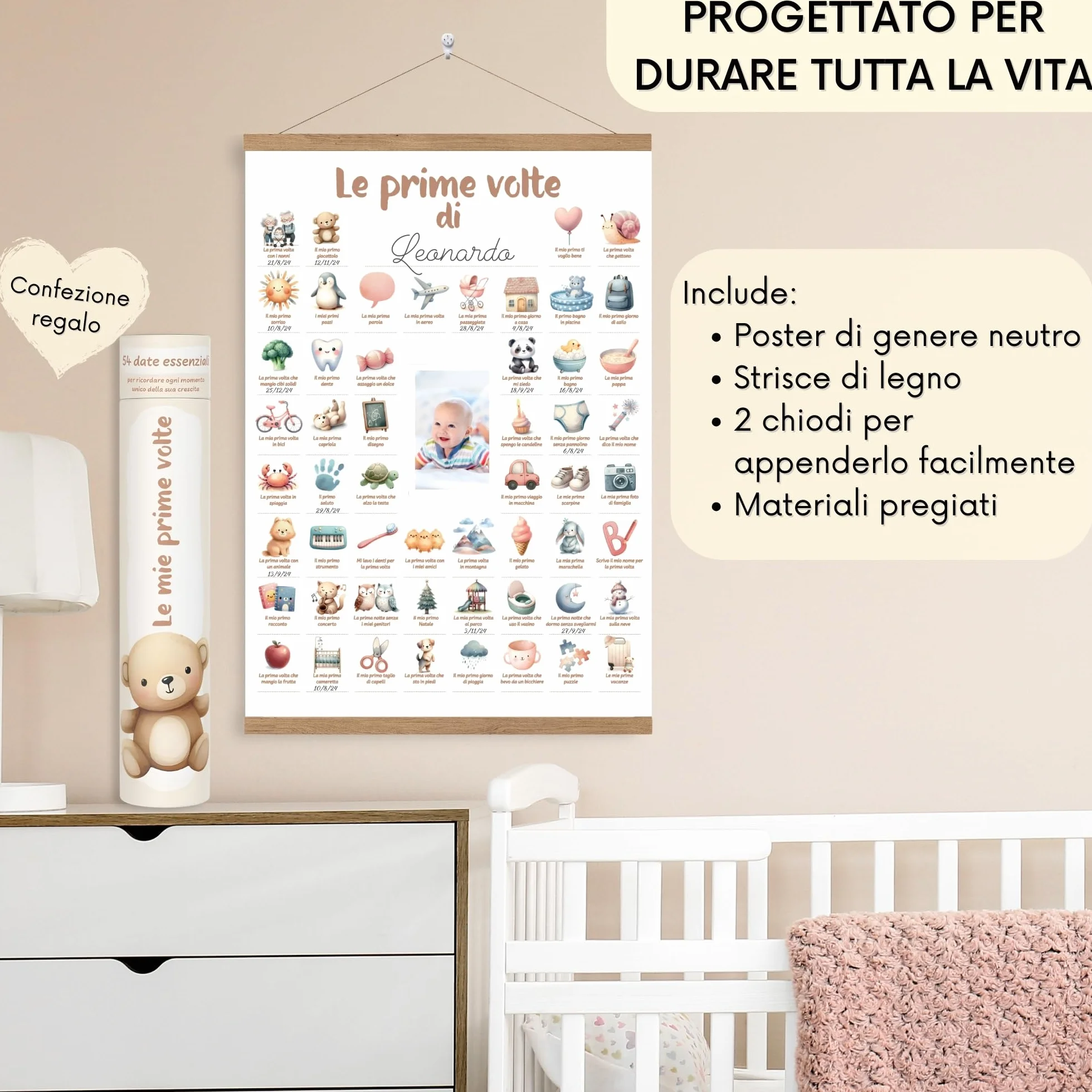 HuBorns - Poster Le Mie Prime Volte per Seguire le Tappe Fondamentali del Neonato, Regalo Neonato Maschio e Femmina, Decorazione Cameretta, Include Strisce di Legno per Appendere e Spazio per Foto