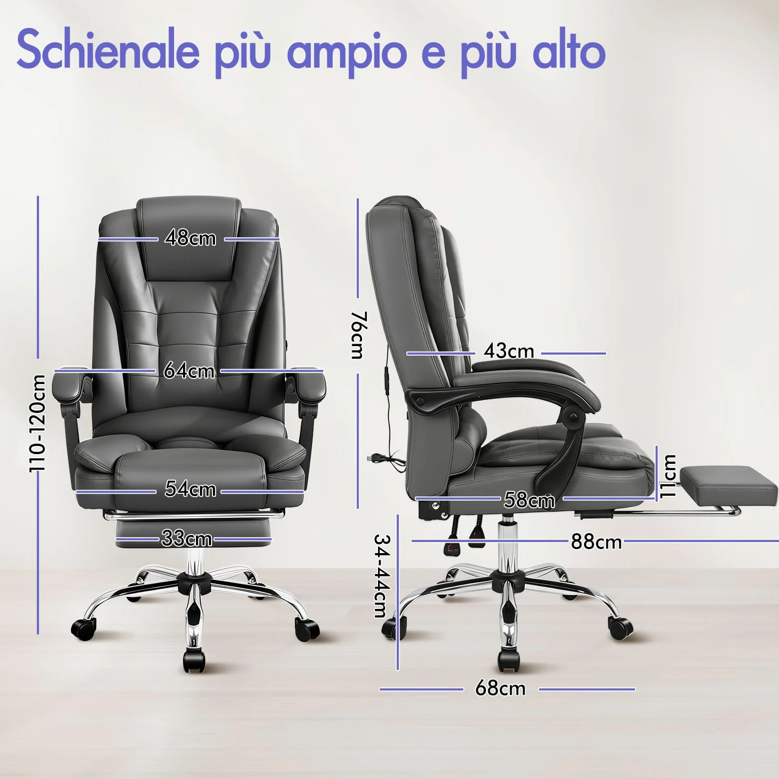ALFORDSON Sedia Ufficio Ergonomica con Massaggio, Sedia Scrivania con Supporto Lombare e Poggiapiedi, Poltrona Girevole con Rotelle per Ufficio e Studio Sala Riunioni, Similpelle(Grigia)
