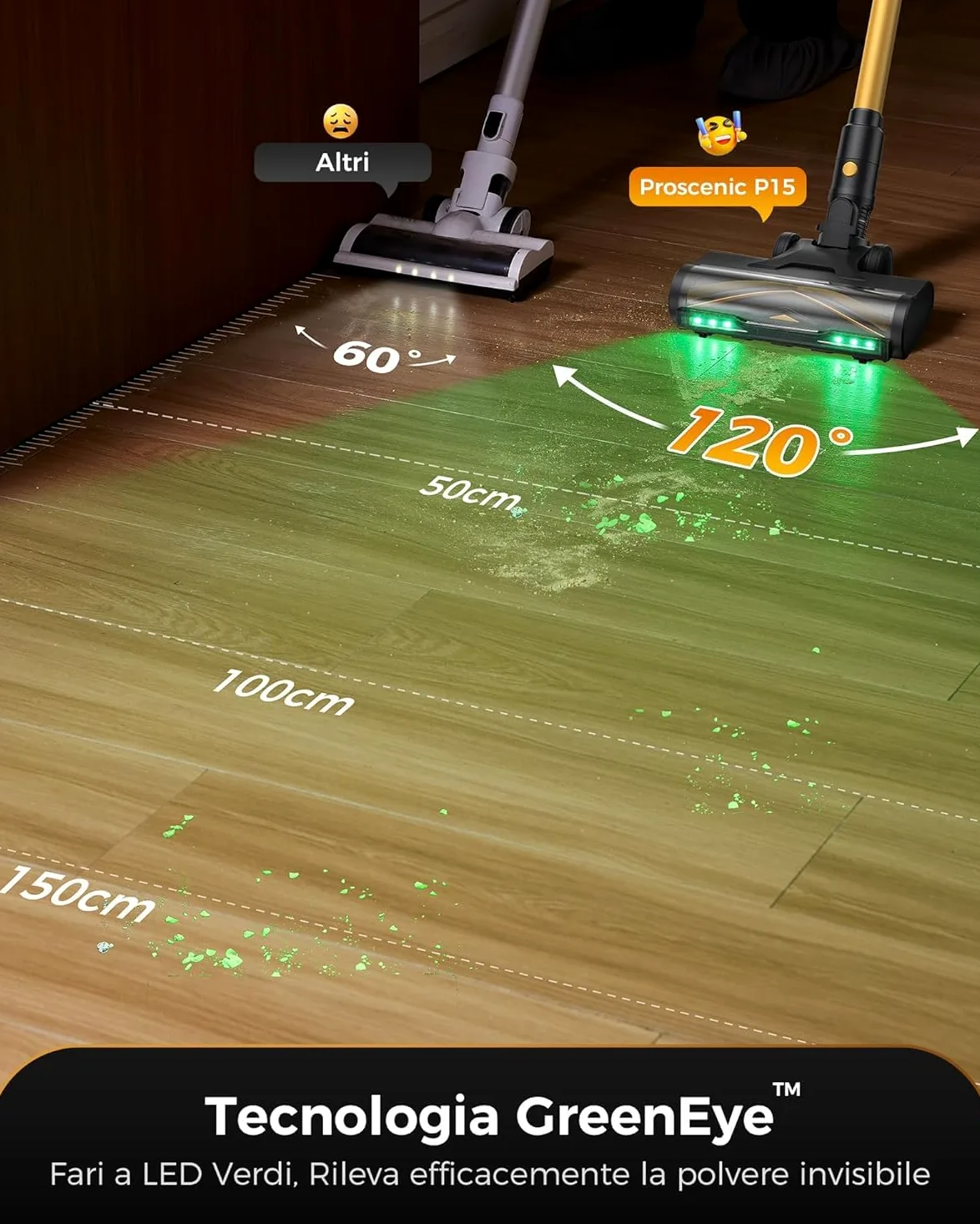Proscenic P15+ Aspirapolvere Senza Fili 70Min/55Kpa/650W Scopa Elettrica Senza Fili Potente Autonomia Asta Telescopica Regolabile Design Autoportante Tecnologia GreenEye per Pavimenti e Tappeti