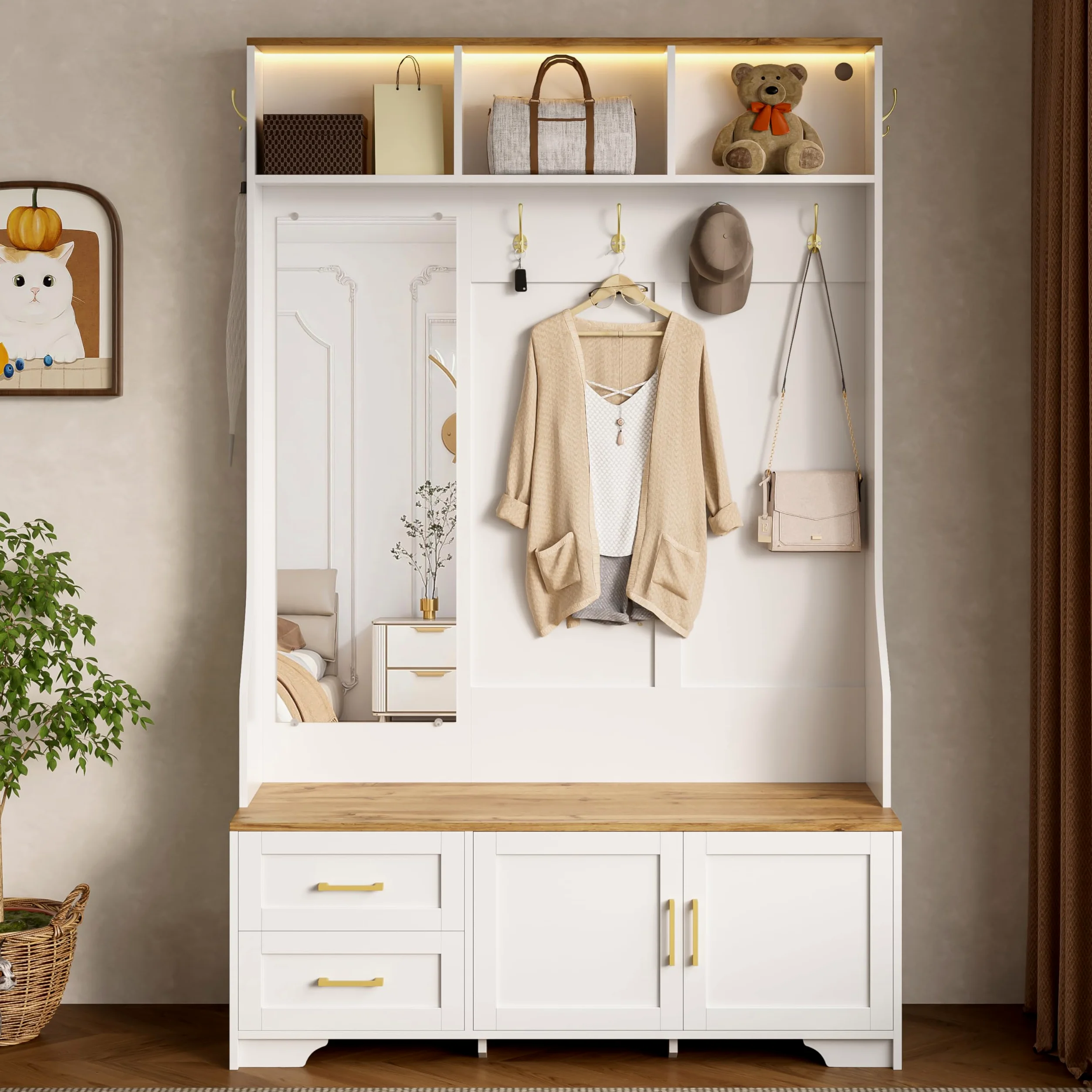 Scarpiera multifunzionale, 120 x 190 cm, specchio, ganci, cassetti, armadietto moderno con spazio di archiviazione, sedile, bianco + colore legno