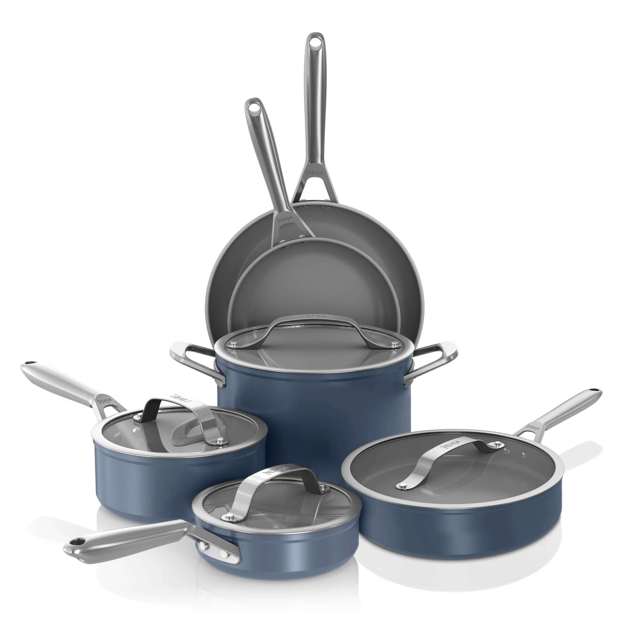 Ninja NeverStick CW39010MM - Set di pentole e padelle in ceramica con coperchi in vetro, rivestimento in ceramica, manici in acciaio inossidabile, adatti al forno, tutti i piani cottura e a induzione,