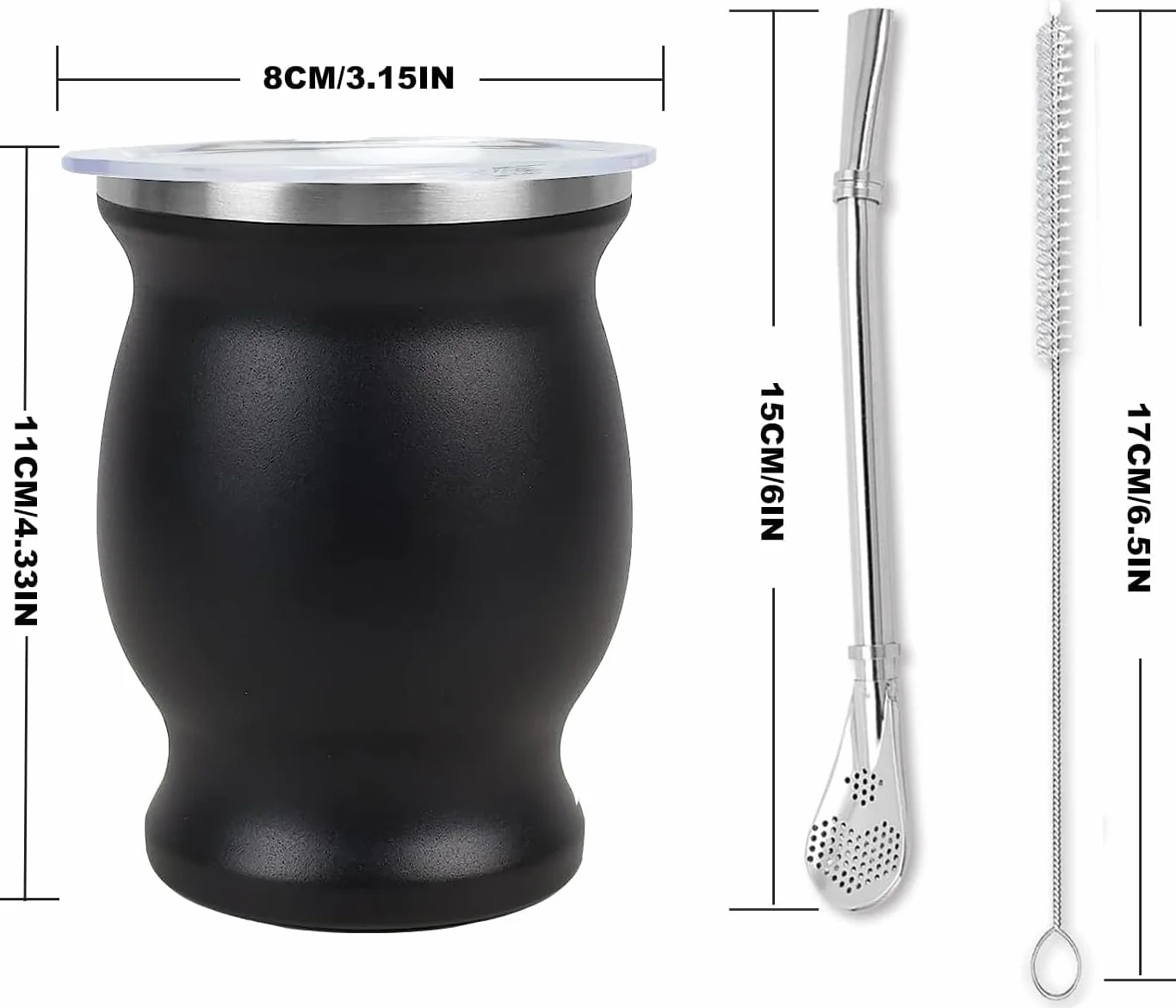 Mate Cup: Zestaw do herbaty Mate z podwójną ścianką, cannuczą i szczotką (czarny)