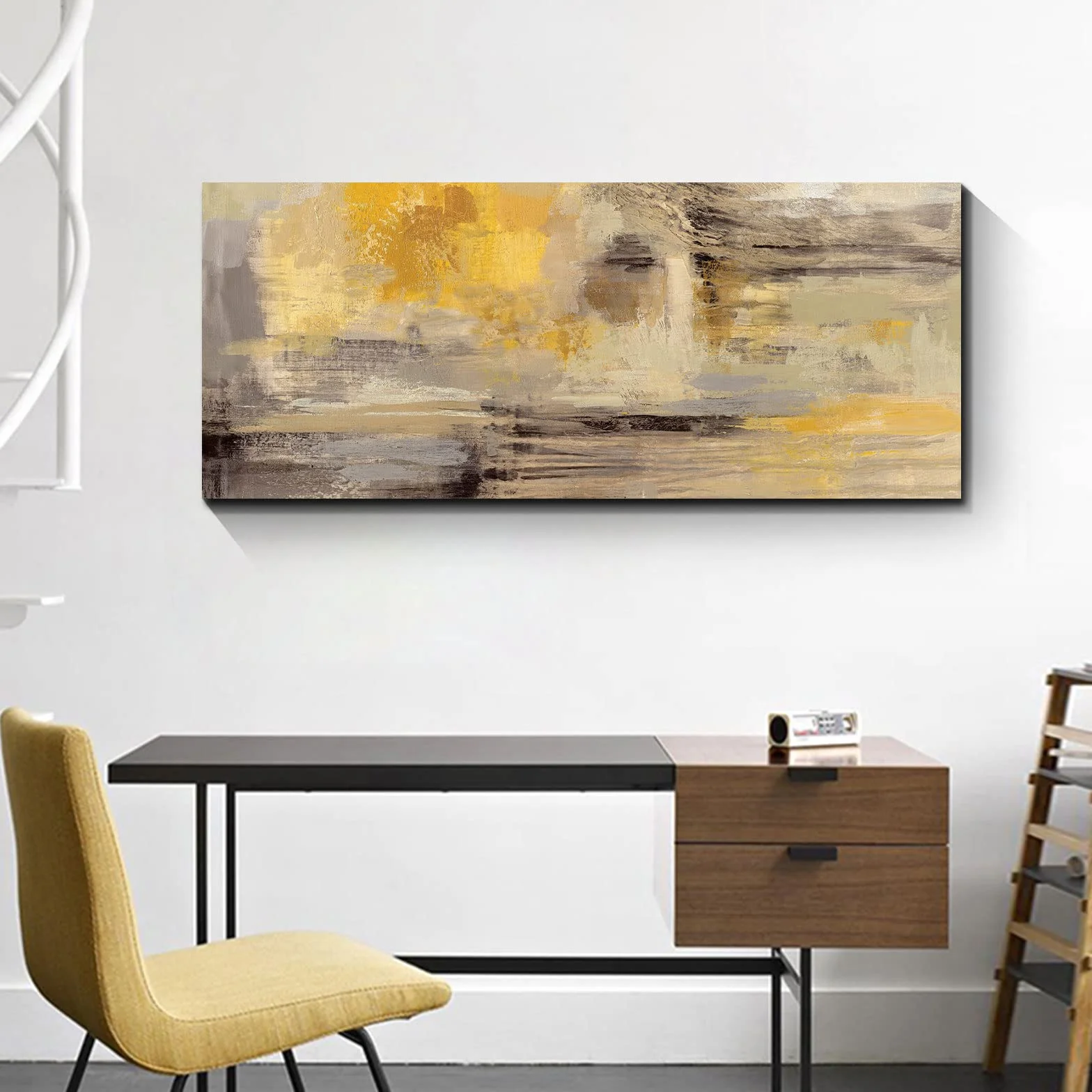FajerminArt Grande Stampa su Tela Con Cornice Astratto grigio giallo senape Quadri Moderni Immagine pittura su tela soggiorno camera da letto ristorante Decorazione Murale 120x50cm