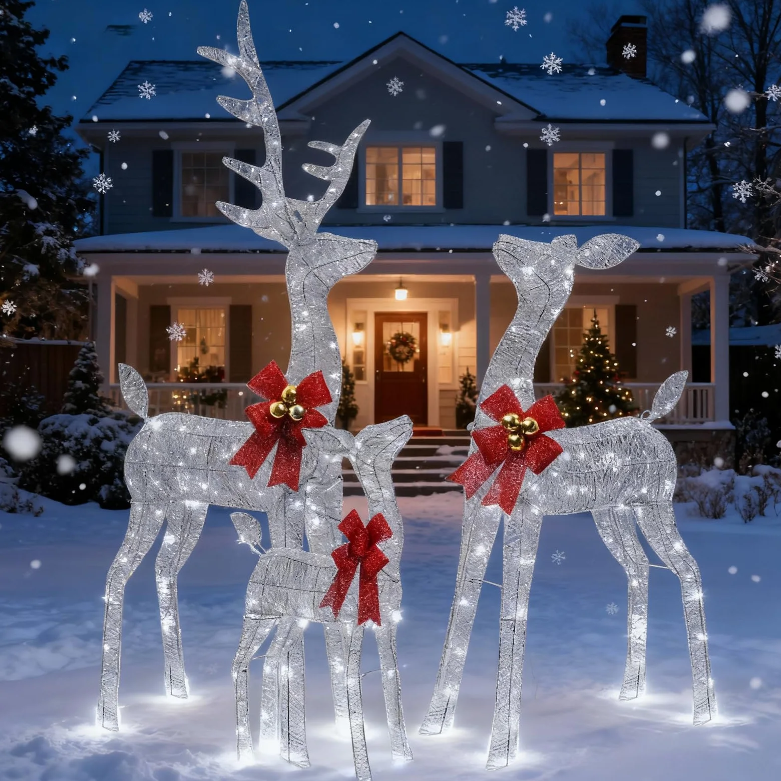 Decorazioni Natalizie da Esterno per Giardino: Famiglia di 3 Renne Luminose da Esterno, Telaio in Metallo Resistente e Impermeabile, Figure Natalizie LED XXL per Esterno Interno Giardino Balcone
